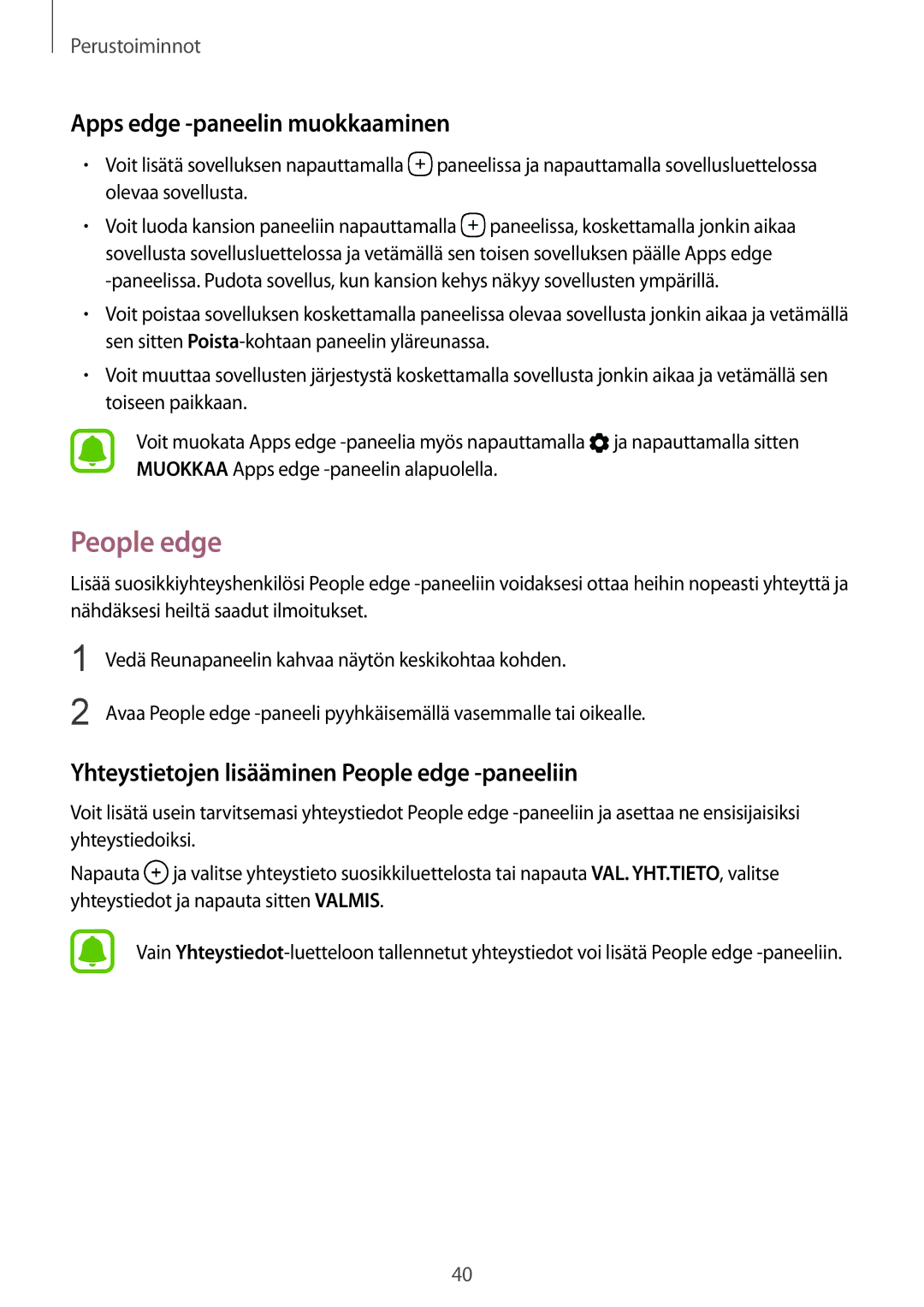 Samsung SM-G935FZKANEE manual Apps edge -paneelin muokkaaminen, Yhteystietojen lisääminen People edge -paneeliin 