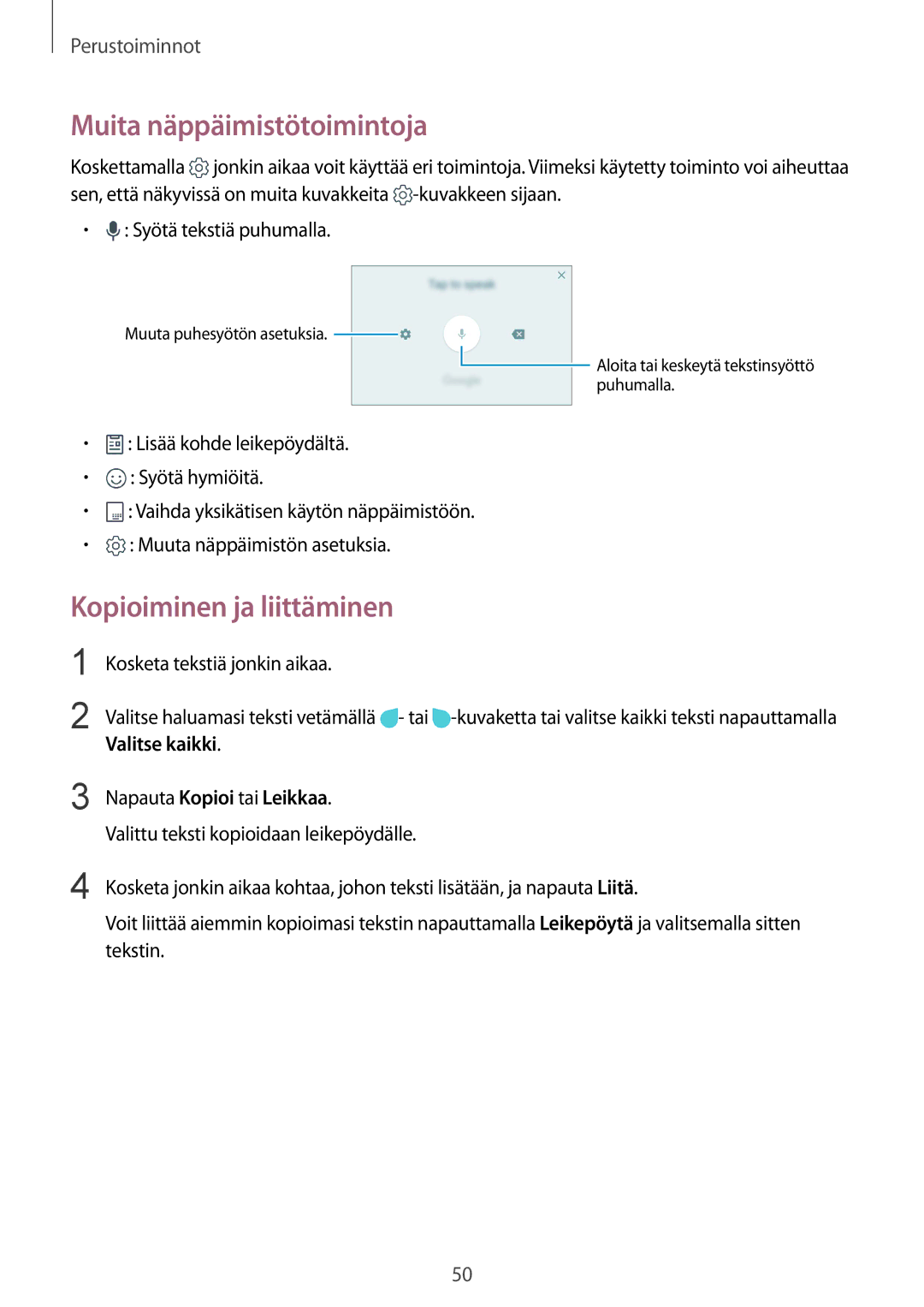 Samsung SM-G935FZDANEE manual Muita näppäimistötoimintoja, Kopioiminen ja liittäminen, Kosketa tekstiä jonkin aikaa 