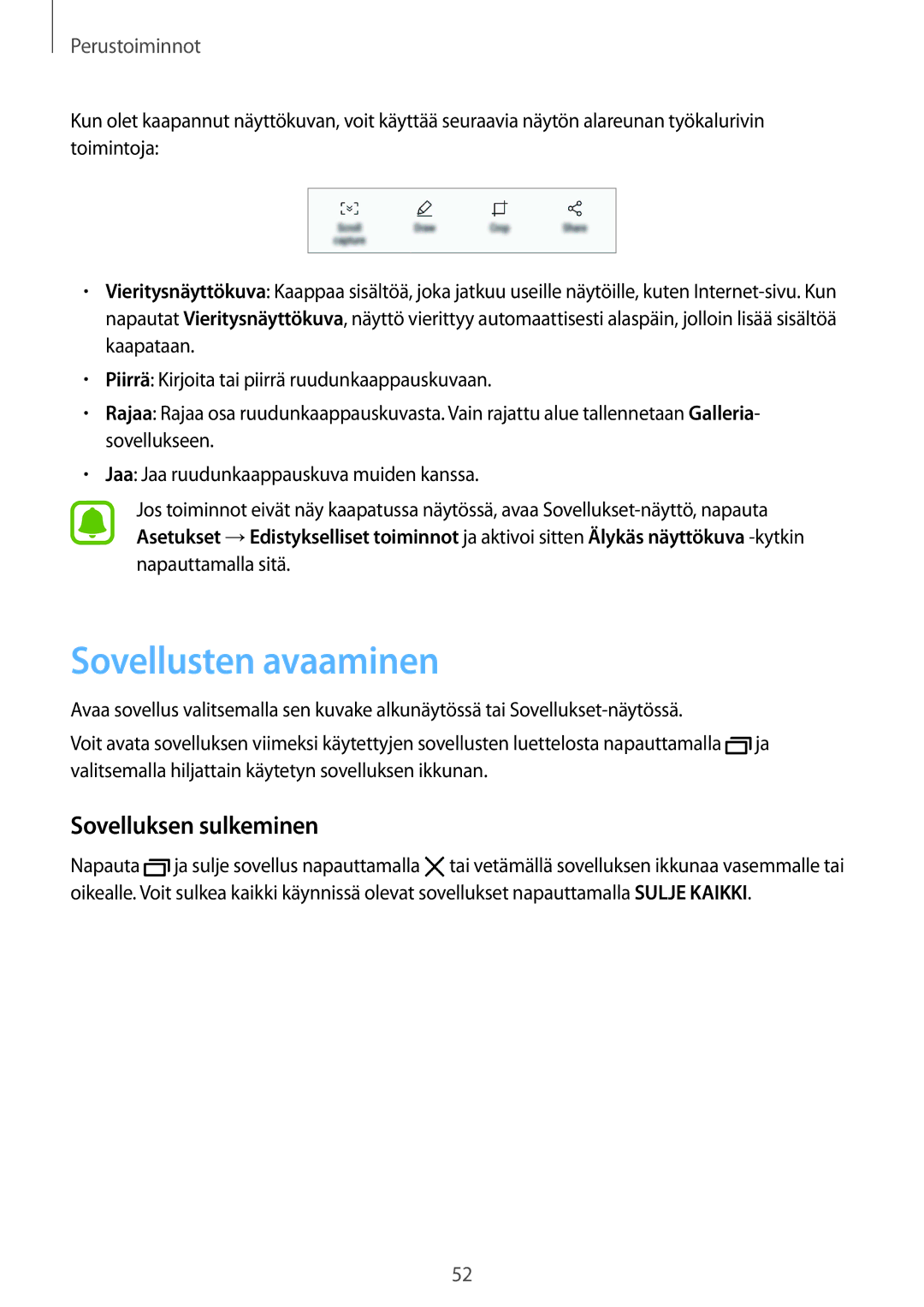 Samsung SM-G935FZKANEE, SM-G935FZWANEE, SM-G935FZBANEE, SM-G935FZDANEE manual Sovellusten avaaminen, Sovelluksen sulkeminen 