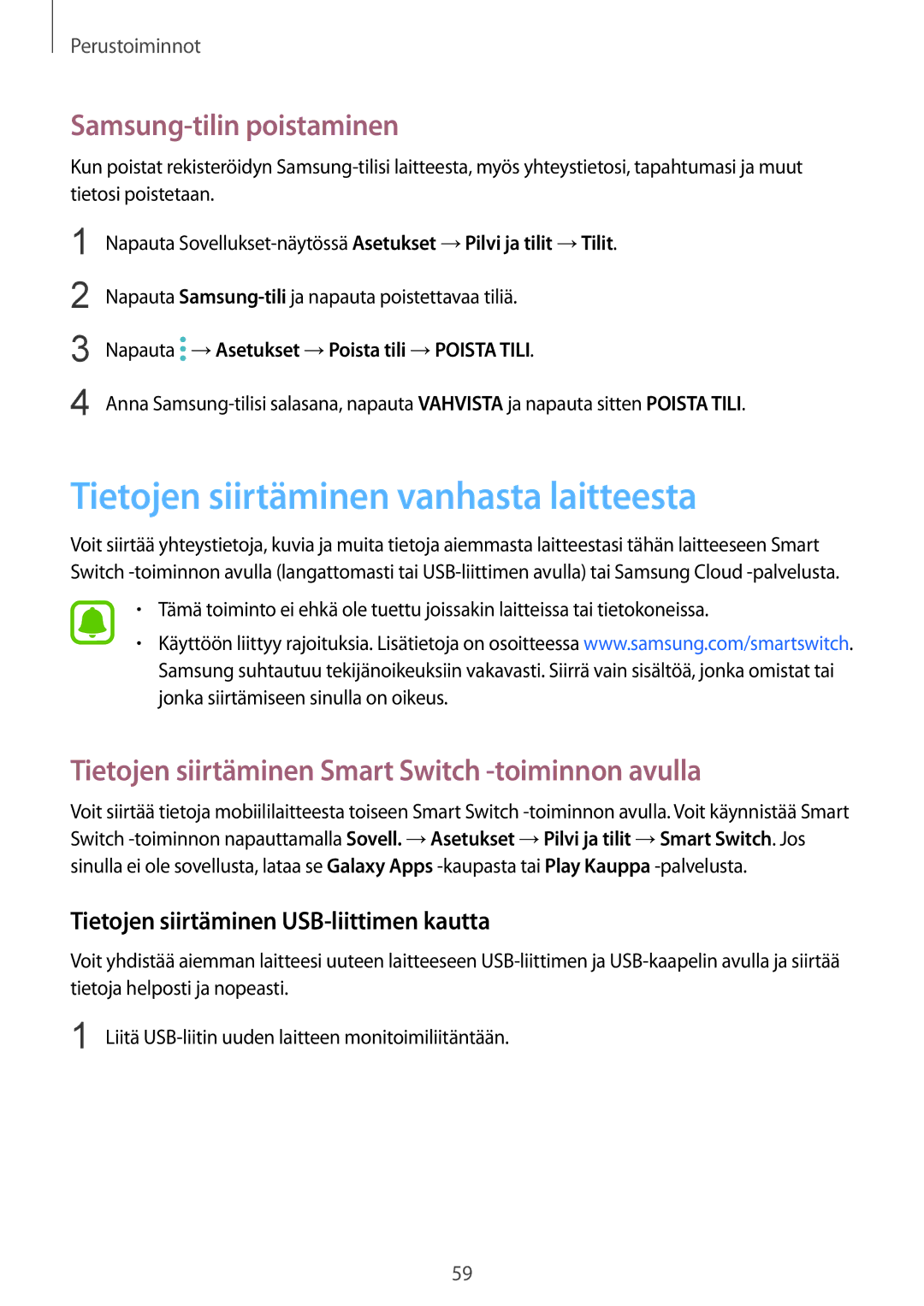 Samsung SM-G935FZSANEE, SM-G935FZWANEE, SM-G935FZBANEE Tietojen siirtäminen vanhasta laitteesta, Samsung-tilin poistaminen 