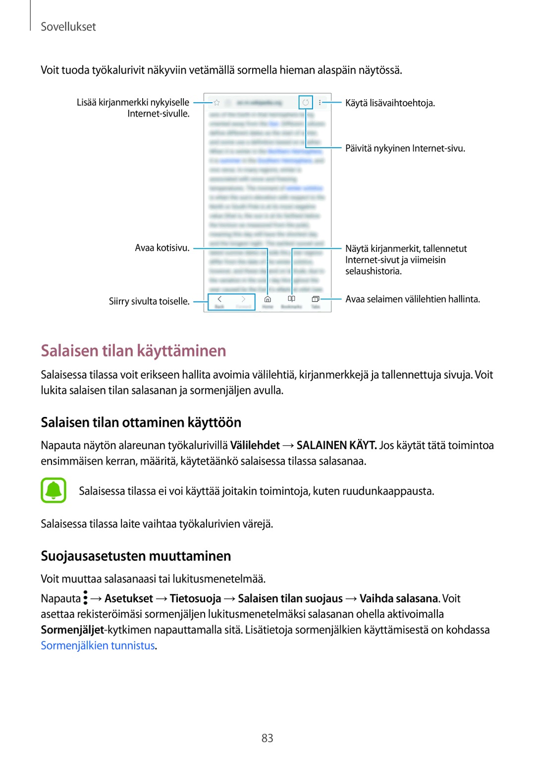 Samsung SM-G935FZSANEE manual Salaisen tilan käyttäminen, Salaisen tilan ottaminen käyttöön, Suojausasetusten muuttaminen 