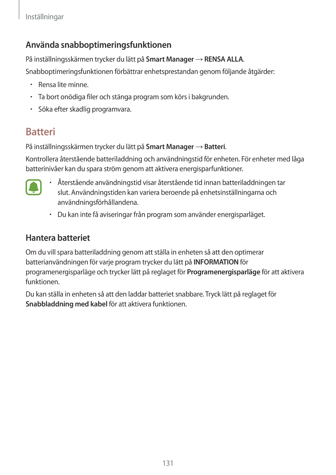 Samsung SM-G935FZSANEE, SM-G935FZWANEE, SM-G935FZBANEE manual Batteri, Använda snabboptimeringsfunktionen, Hantera batteriet 