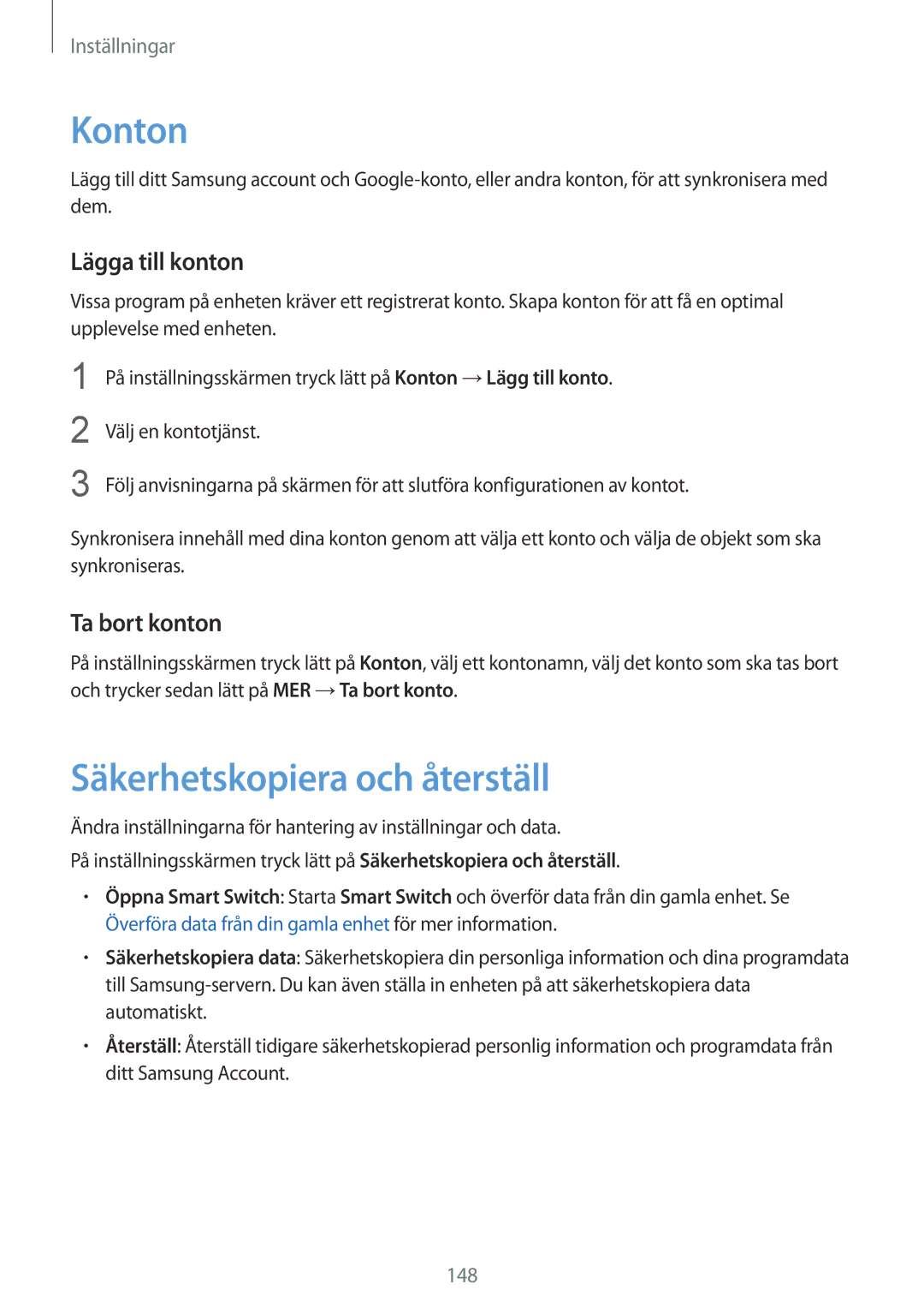 Samsung SM-G935FZKANEE, SM-G935FZWANEE manual Konton, Säkerhetskopiera och återställ, Lägga till konton, Ta bort konton 