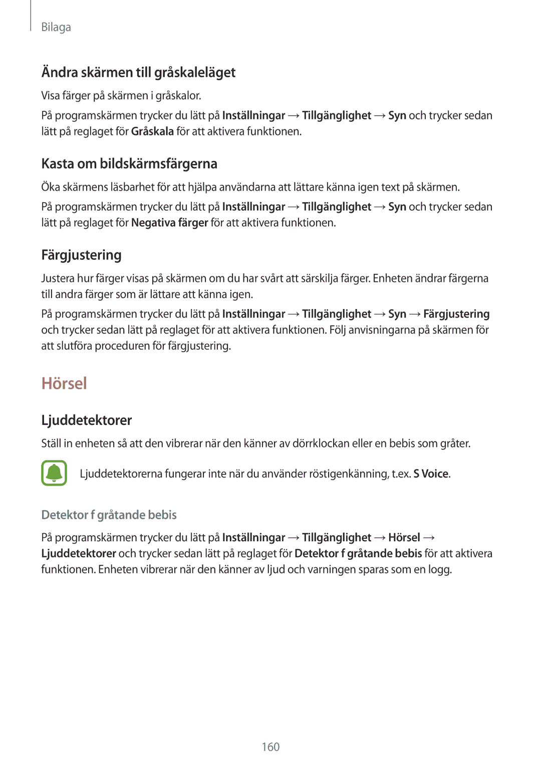 Samsung SM-G935FZKANEE manual Hörsel, Ändra skärmen till gråskaleläget, Kasta om bildskärmsfärgerna, Färgjustering 