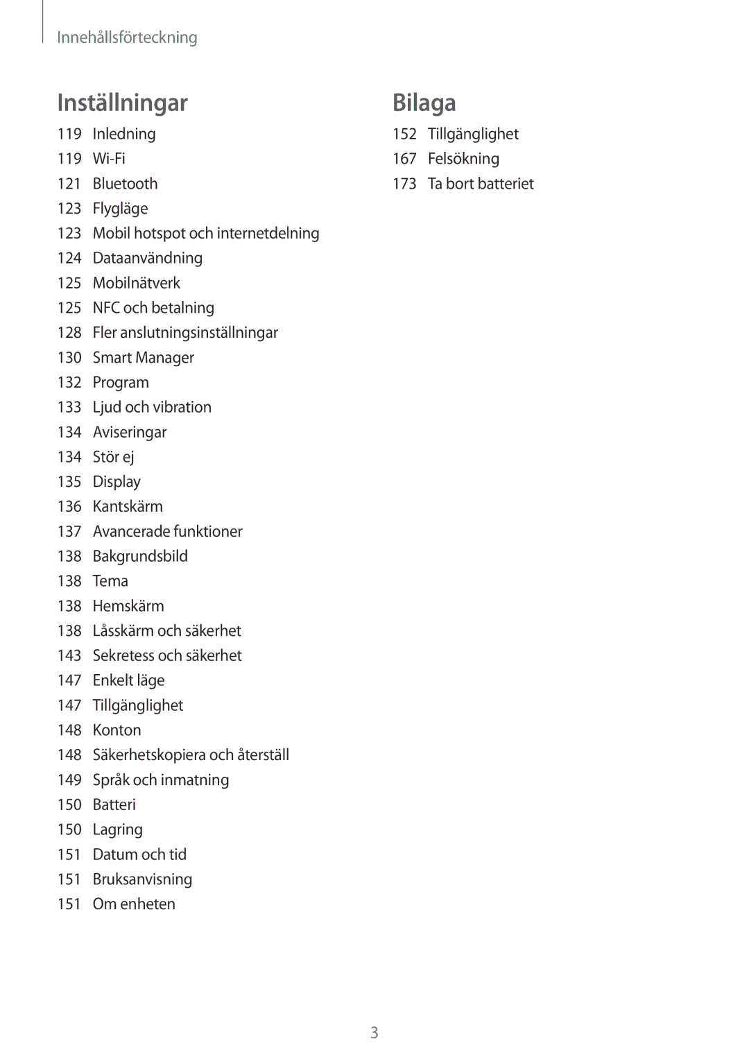 Samsung SM-G935FEDANEE, SM-G935FZWANEE, SM-G935FZBANEE Inledning 152 Tillgänglighet, Wi-Fi 167 Felsökning, Bluetooth 173 