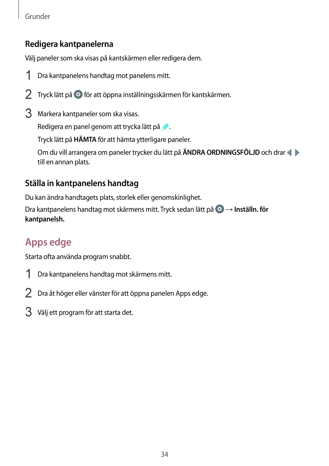 Samsung SM-G935FZKANEE, SM-G935FZWANEE, SM-G935FZBANEE Apps edge, Redigera kantpanelerna, Ställa in kantpanelens handtag 