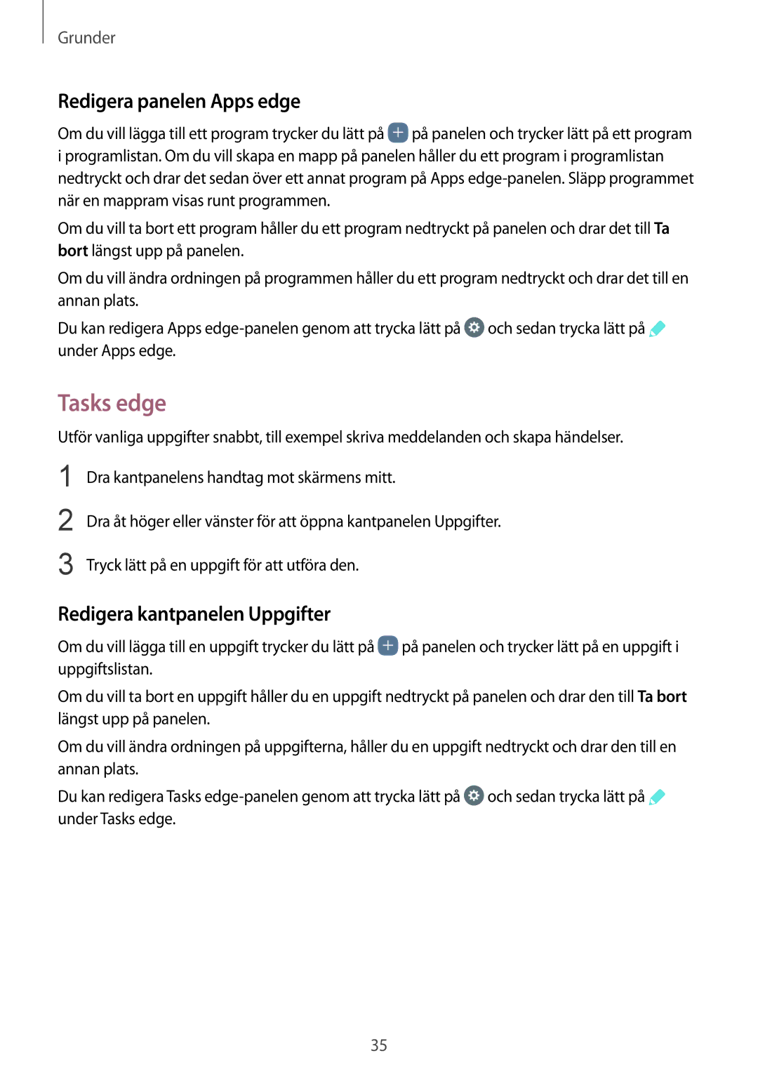 Samsung SM-G935FZSANEE, SM-G935FZWANEE manual Tasks edge, Redigera panelen Apps edge, Redigera kantpanelen Uppgifter 