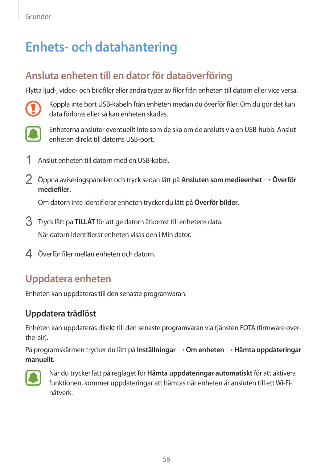 Samsung SM-G935FZDANEE Enhets- och datahantering, Ansluta enheten till en dator för dataöverföring, Uppdatera enheten 