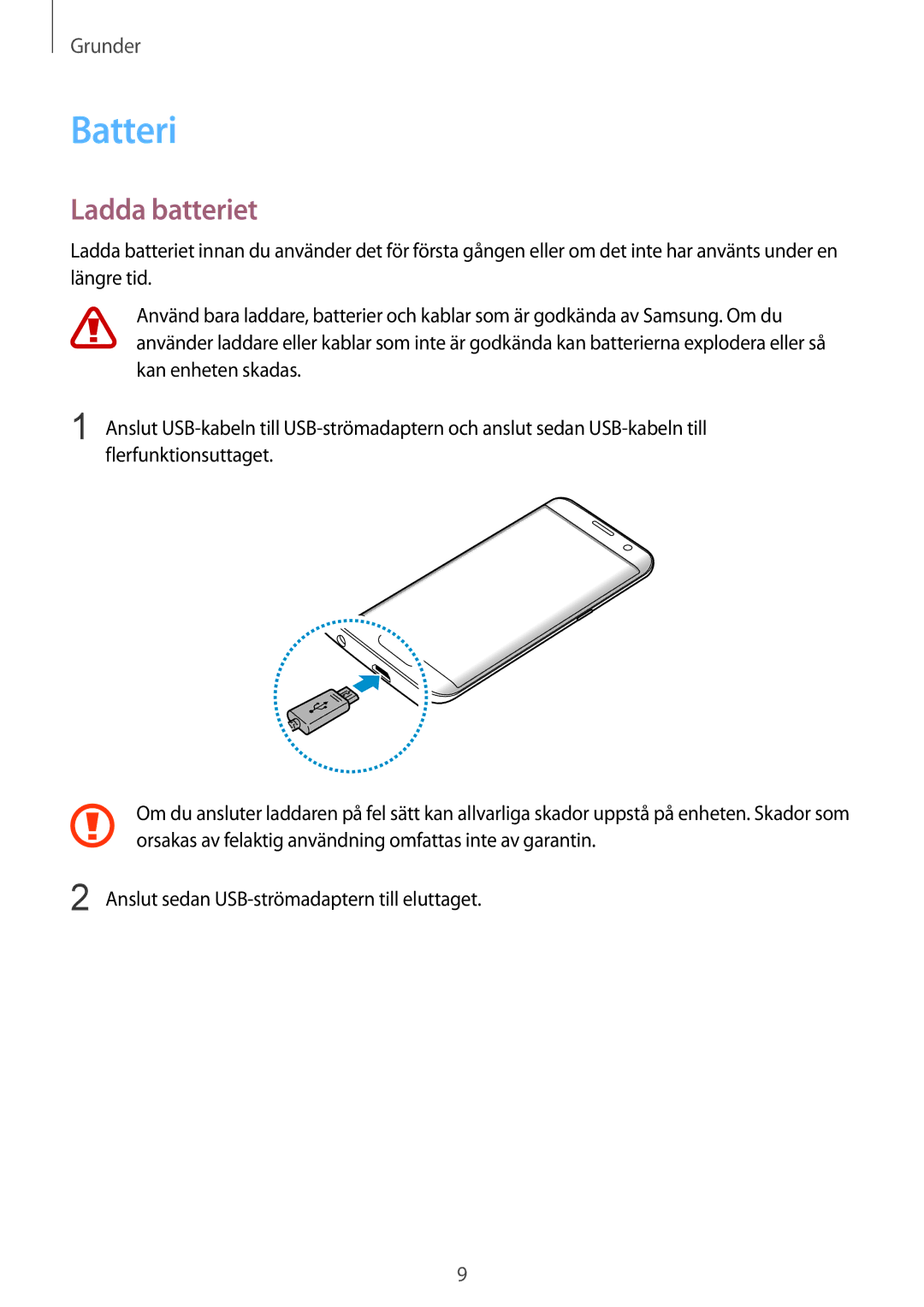 Samsung SM-G935FEDANEE, SM-G935FZWANEE, SM-G935FZBANEE, SM-G935FZDANEE, SM-G935FZKANEE manual Batteri, Ladda batteriet 