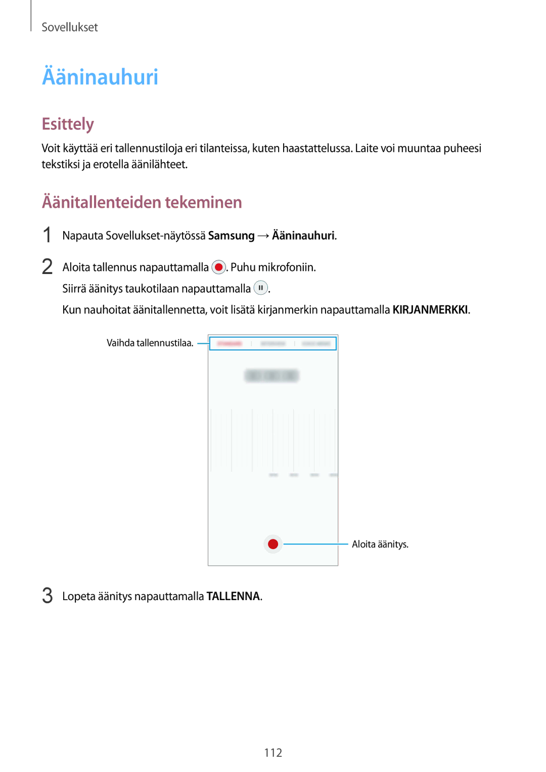 Samsung SM-G935FZKANEE, SM-G935FZWANEE, SM-G935FZBANEE, SM-G935FZDANEE manual Ääninauhuri, Äänitallenteiden tekeminen 