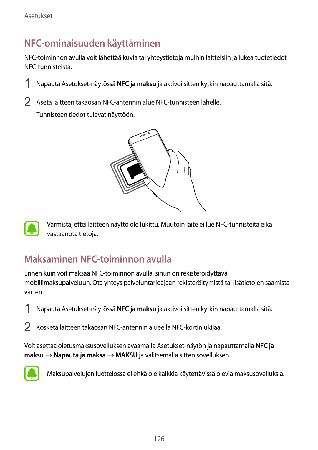 Samsung SM-G935FZWANEE, SM-G935FZBANEE, SM-G935FZDANEE manual NFC-ominaisuuden käyttäminen, Maksaminen NFC-toiminnon avulla 