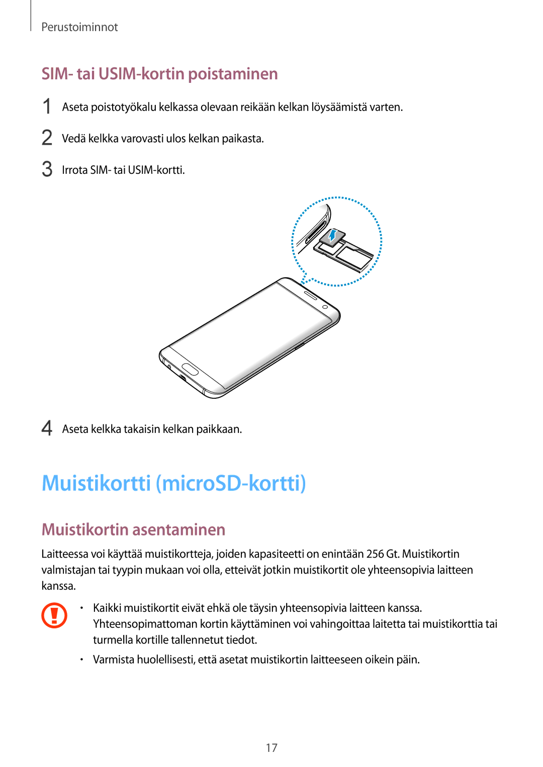 Samsung SM-G935FZSANEE manual Muistikortti microSD-kortti, SIM- tai USIM-kortin poistaminen, Muistikortin asentaminen 