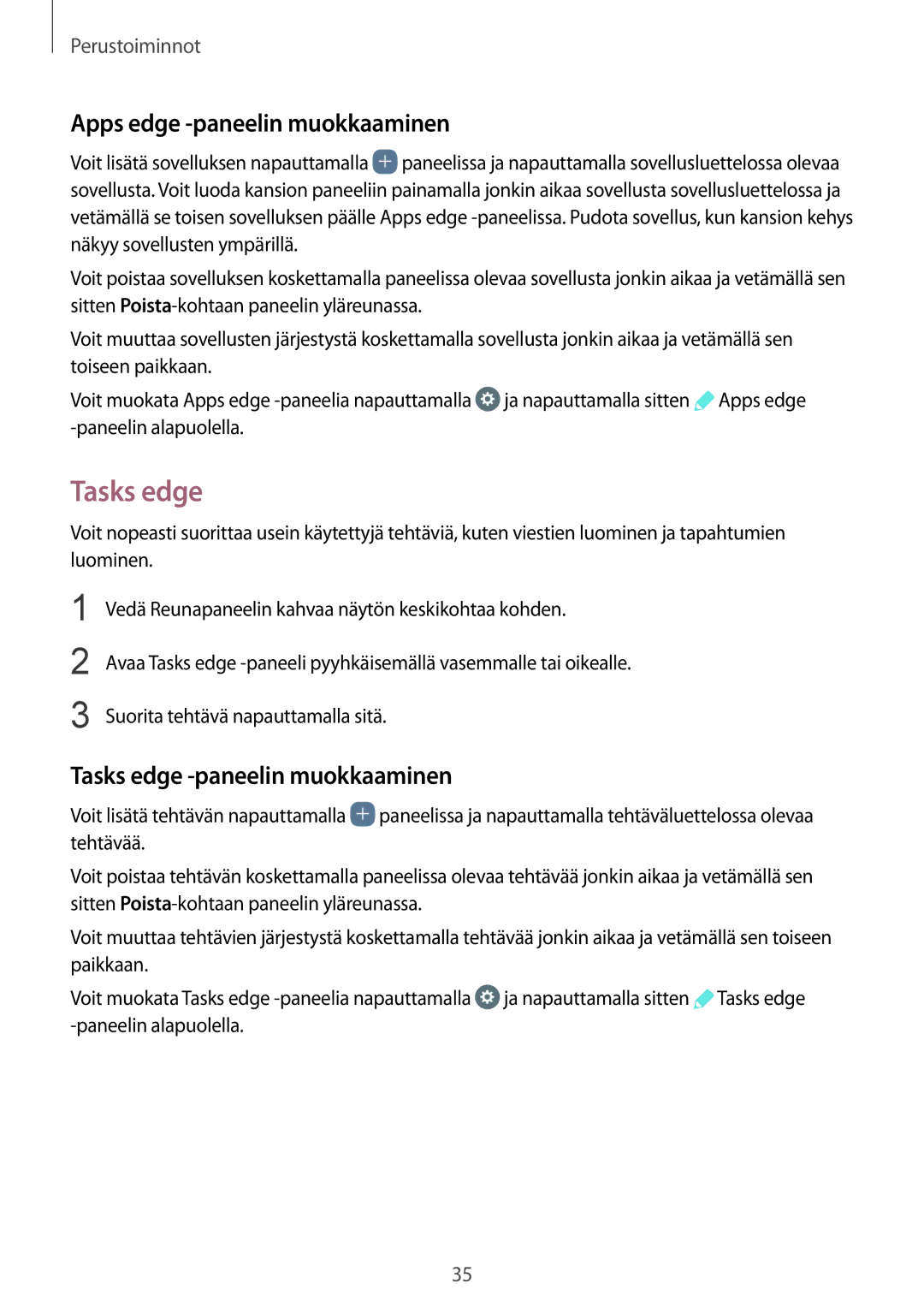 Samsung SM-G935FZSANEE, SM-G935FZWANEE manual Apps edge -paneelin muokkaaminen, Tasks edge -paneelin muokkaaminen 