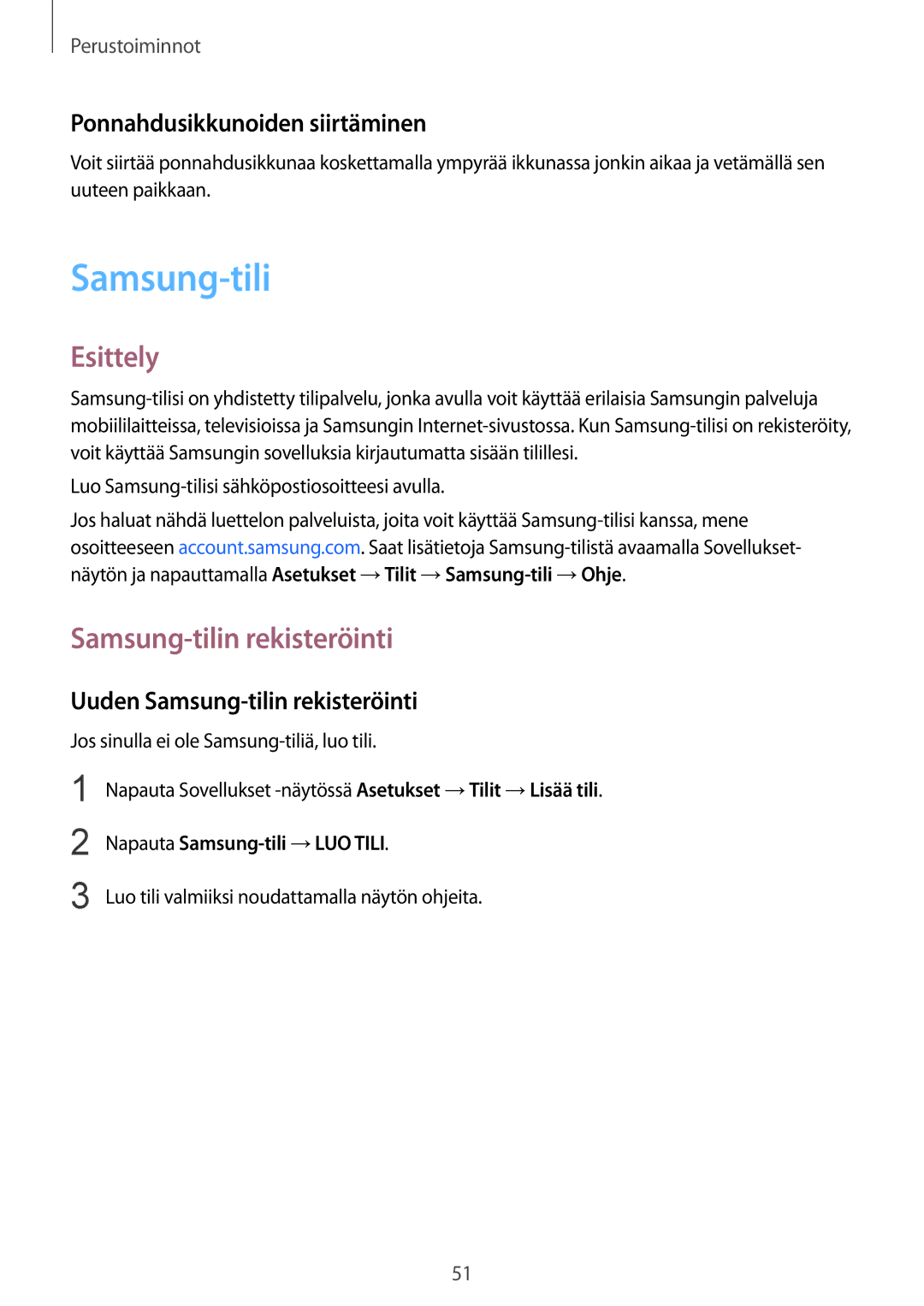 Samsung SM-G935FEDANEE, SM-G935FZWANEE manual Ponnahdusikkunoiden siirtäminen, Uuden Samsung-tilin rekisteröinti 