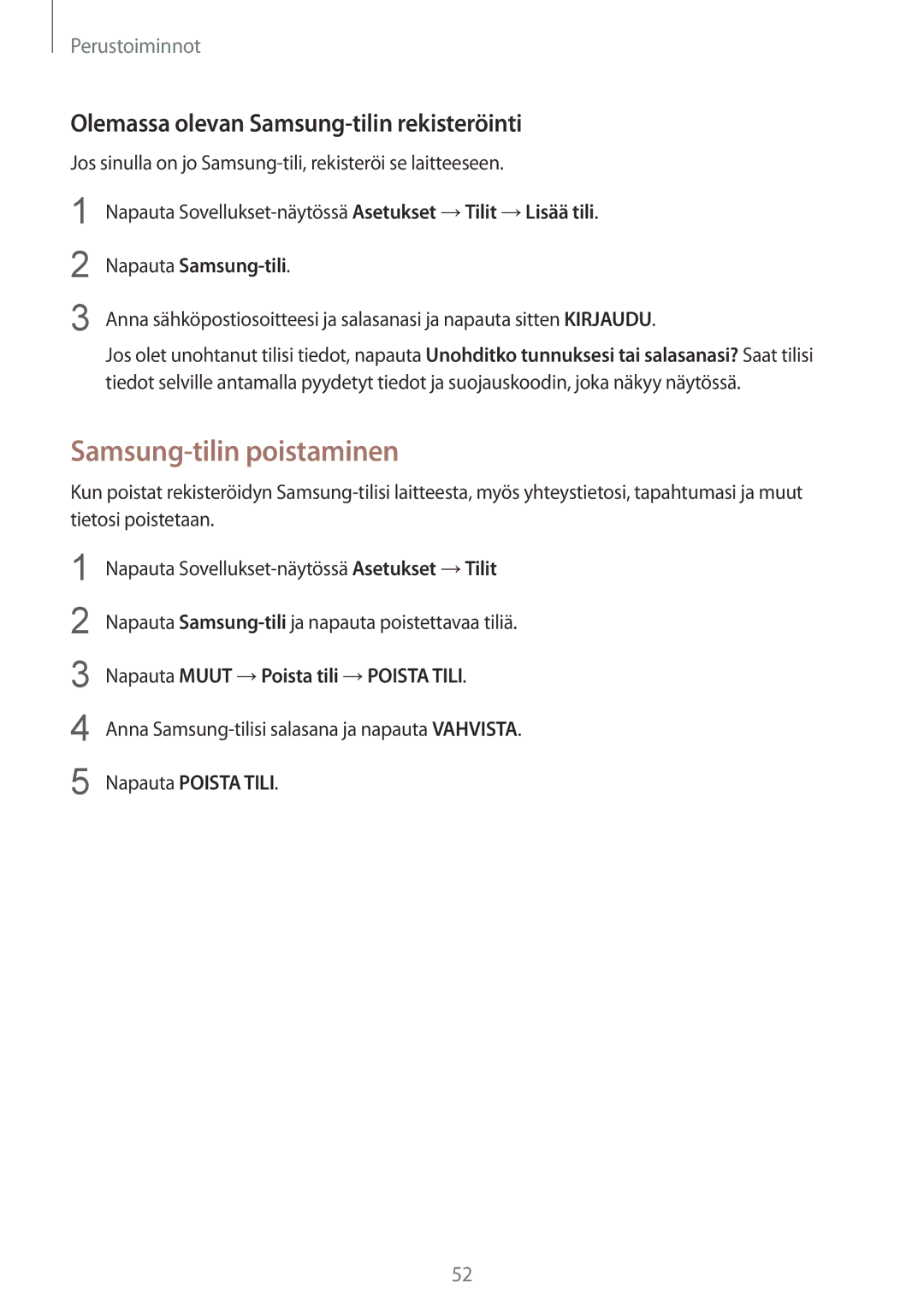 Samsung SM-G935FZKANEE manual Samsung-tilin poistaminen, Olemassa olevan Samsung-tilin rekisteröinti, Napauta Samsung-tili 