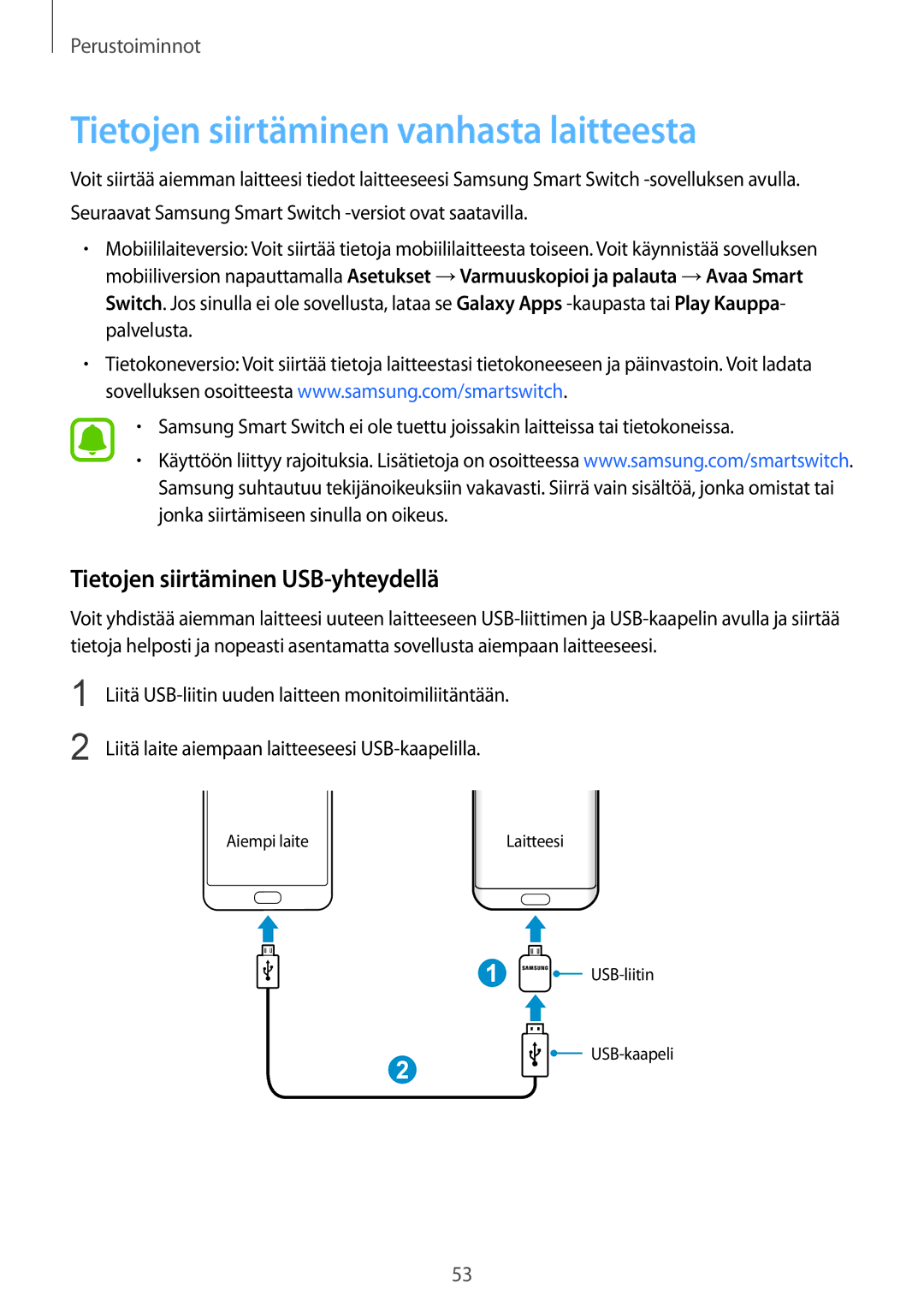 Samsung SM-G935FZSANEE, SM-G935FZWANEE manual Tietojen siirtäminen vanhasta laitteesta, Tietojen siirtäminen USB-yhteydellä 