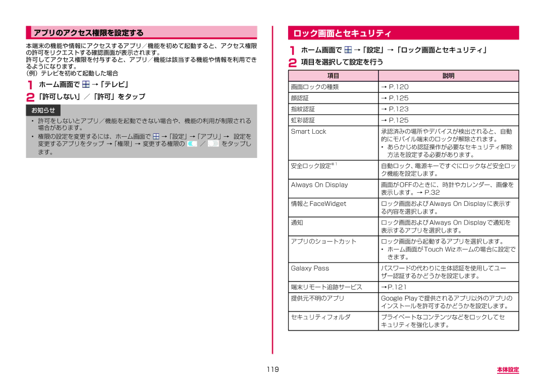 Samsung SM-G950DZVADCM, SM-G950DZKADCM, SM-G950DZBADCM ロック画面とセキュリティ, アプリのアクセス権限を設定する, ホーム画面で →「テレビ」 「許可しない」／「許可」をタップ, 119 