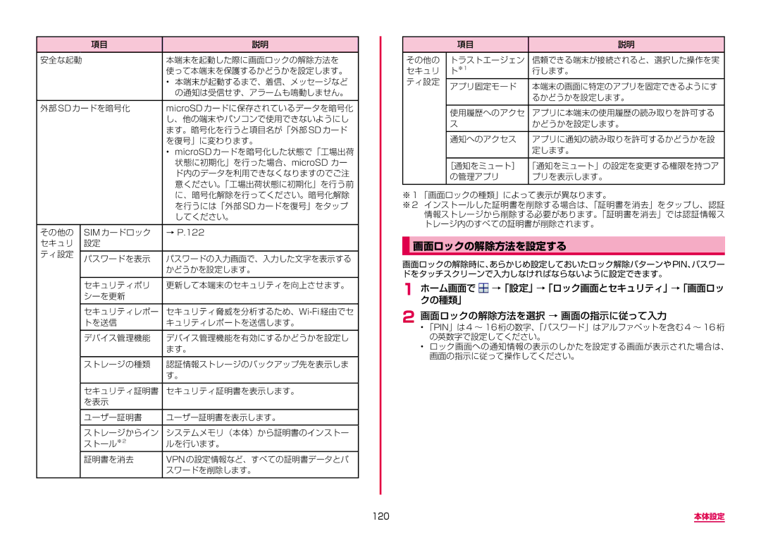 Samsung SM-G950DZBADCM, SM-G950DZKADCM, SM-G950DZVADCM manual 画面ロックの解除方法を設定する, 120 