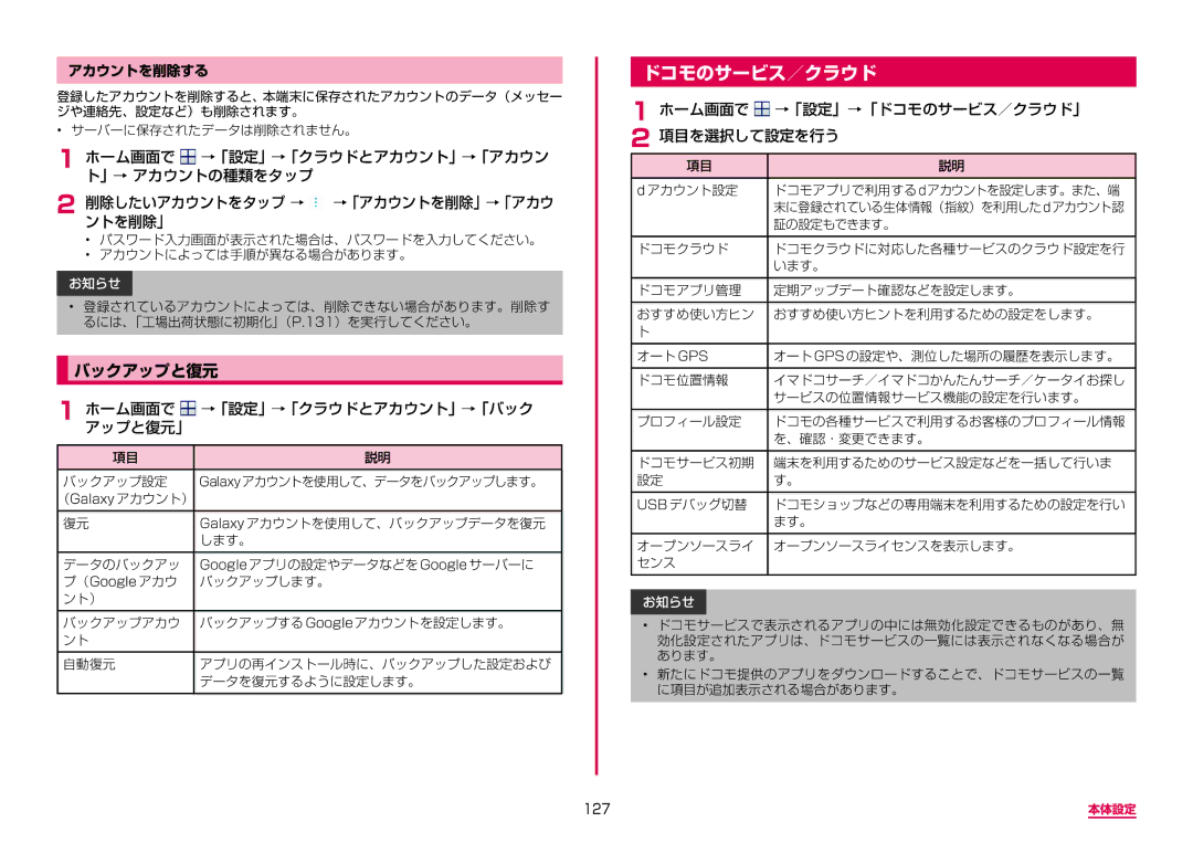 Samsung SM-G950DZKADCM, SM-G950DZVADCM manual ドコモのサービス／クラウド, バックアップと復元, ホーム画面で →「設定」→「クラウドとアカウント」→「バック アップと復元」, アカウントを削除する 