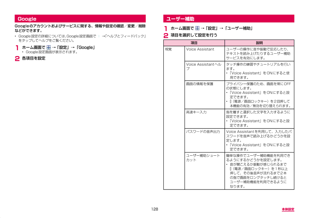 Samsung SM-G950DZVADCM, SM-G950DZKADCM manual ホーム画面で →「設定」→「Google」, ホーム画面で →「設定」→「ユーザー補助」 項目を選択して設定を行う, 128 