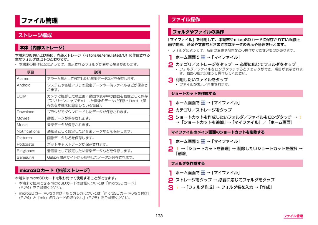 Samsung SM-G950DZKADCM, SM-G950DZVADCM, SM-G950DZBADCM manual ストレージ構成, ファイル操作, 本体（内部ストレージ）, MicroSDカード（外部ストレージ）, フォルダやファイルの操作 