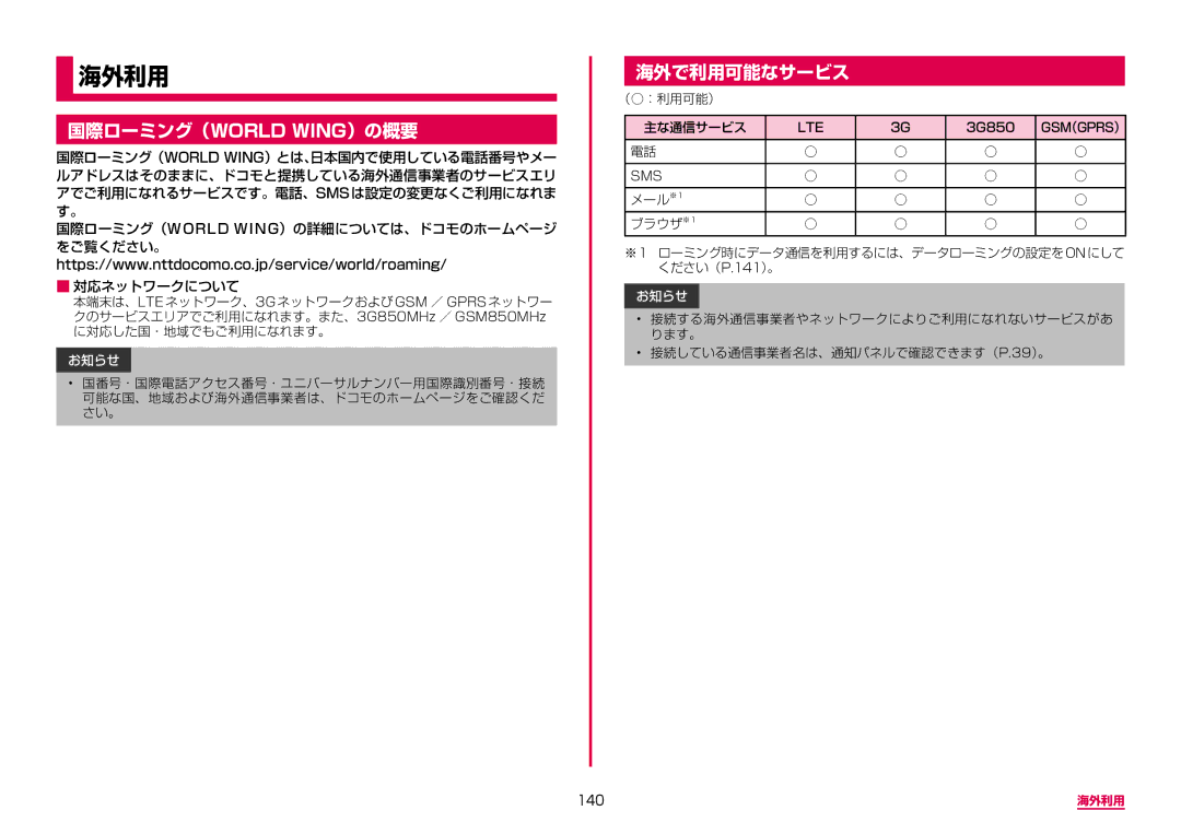 Samsung SM-G950DZVADCM, SM-G950DZKADCM, SM-G950DZBADCM manual 国際ローミング（World Wing）の概要, 海外で利用可能なサービス, 140 