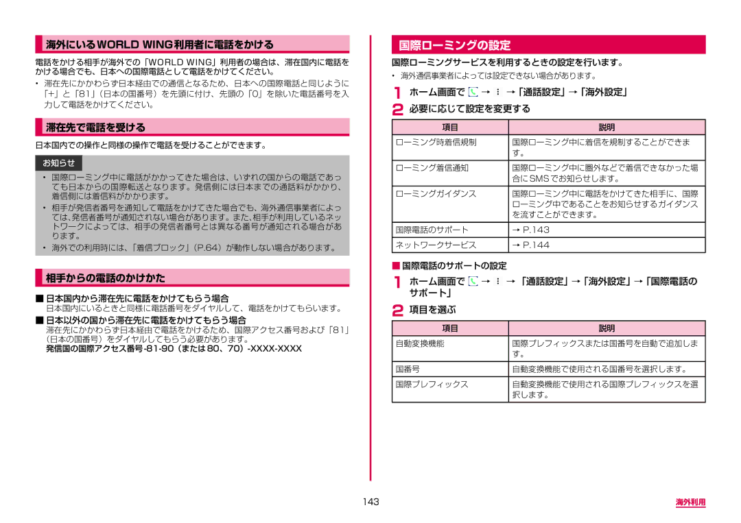 Samsung SM-G950DZVADCM, SM-G950DZKADCM, SM-G950DZBADCM manual 国際ローミングの設定, 海外にいるworld Wing利用者に電話をかける, 滞在先で電話を受ける, 相手からの電話のかけかた 