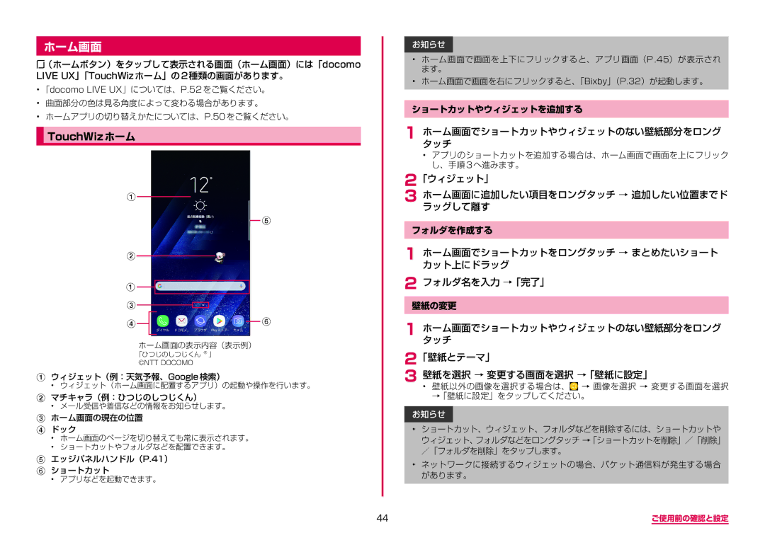 Samsung SM-G950DZVADCM, SM-G950DZKADCM, SM-G950DZBADCM manual TouchWizホーム, ホーム画面でショートカットやウィジェットのない壁紙部分をロングタッチ 