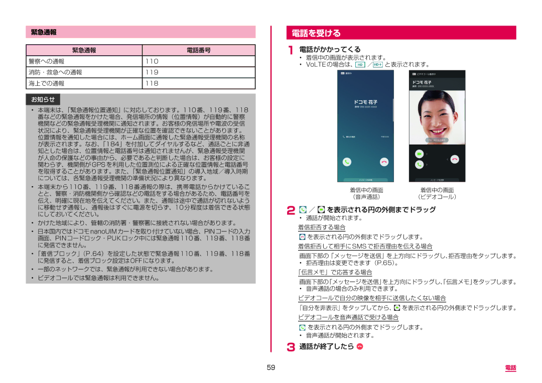 Samsung SM-G950DZVADCM, SM-G950DZKADCM, SM-G950DZBADCM manual 電話を受ける, 電話がかかってくる, ／ を表示される円の外側までドラッグ, 緊急通報 