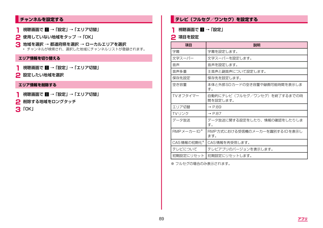 Samsung SM-G950DZVADCM, SM-G950DZKADCM チャンネルを設定する, テレビ（フルセグ／ワンセグ）を設定する, 視聴画面で →「設定」→「エリア切替」 設定したい地域を選択, 視聴画面で →「設定」 項目を設定 