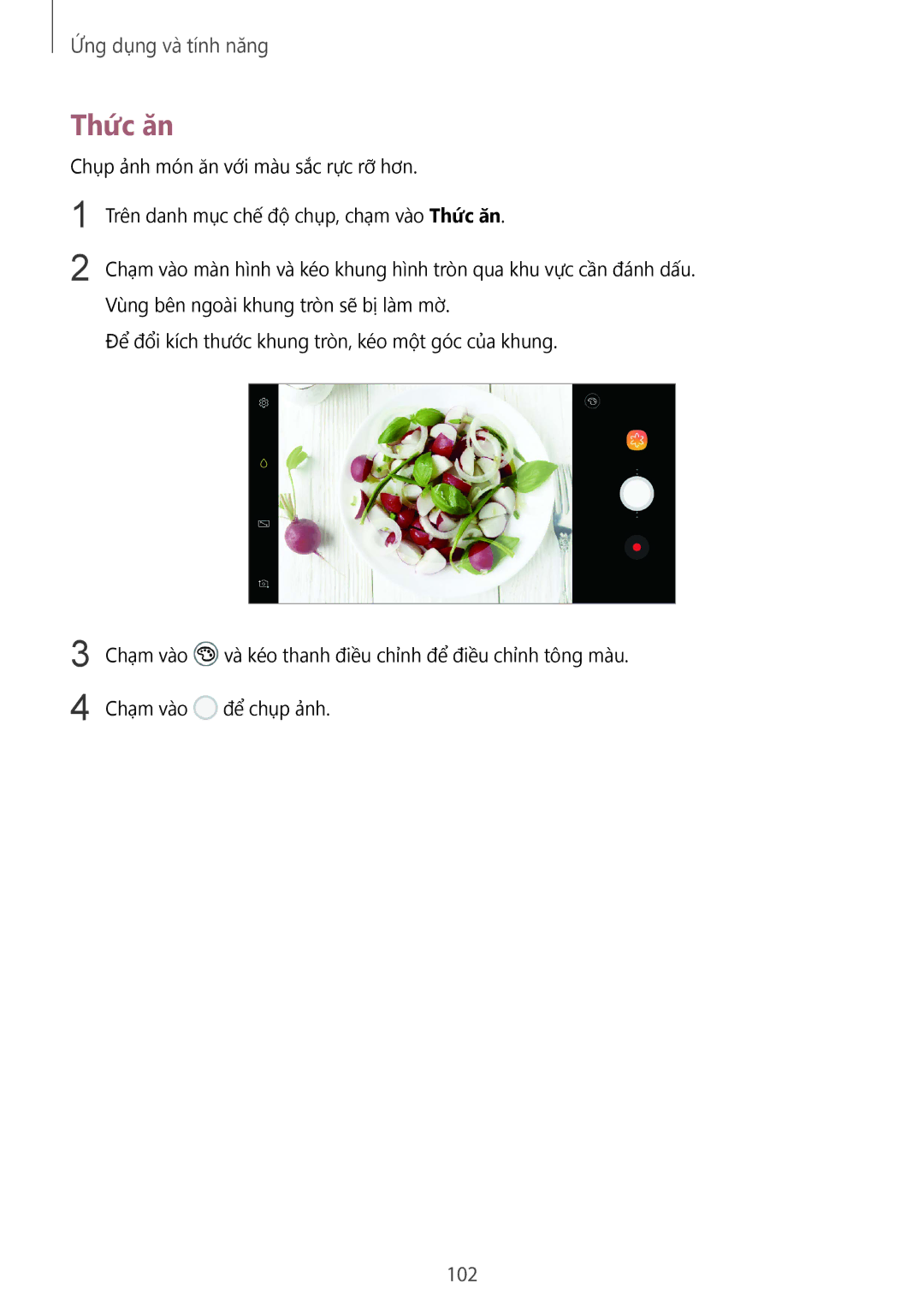 Samsung SM-G950FZDDXXV, SM-G950FZBDXXV, SM-G950FZKDXXV, SM-G955FZBDXXV, SM-G955FZKDXXV, SM-G955FZDDXXV manual Thức ăn, 102 