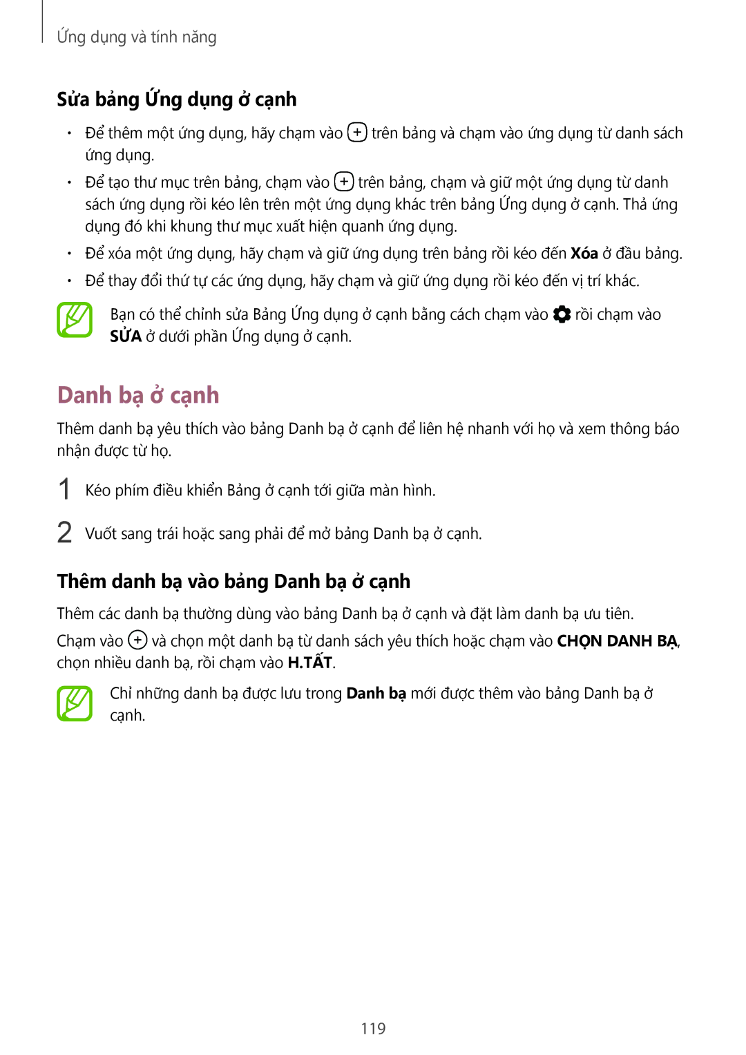 Samsung SM-G950FZBDXXV, SM-G950FZKDXXV manual Sửa bảng Ứng dụng ở cạnh, Thêm danh bạ vào bảng Danh bạ ở cạnh, 119 