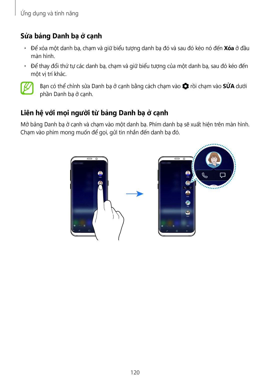 Samsung SM-G950FZKDXXV, SM-G950FZBDXXV manual Sửa bảng Danh bạ ở cạnh, Liên hệ với mọi người từ bảng Danh bạ ở cạnh, 120 