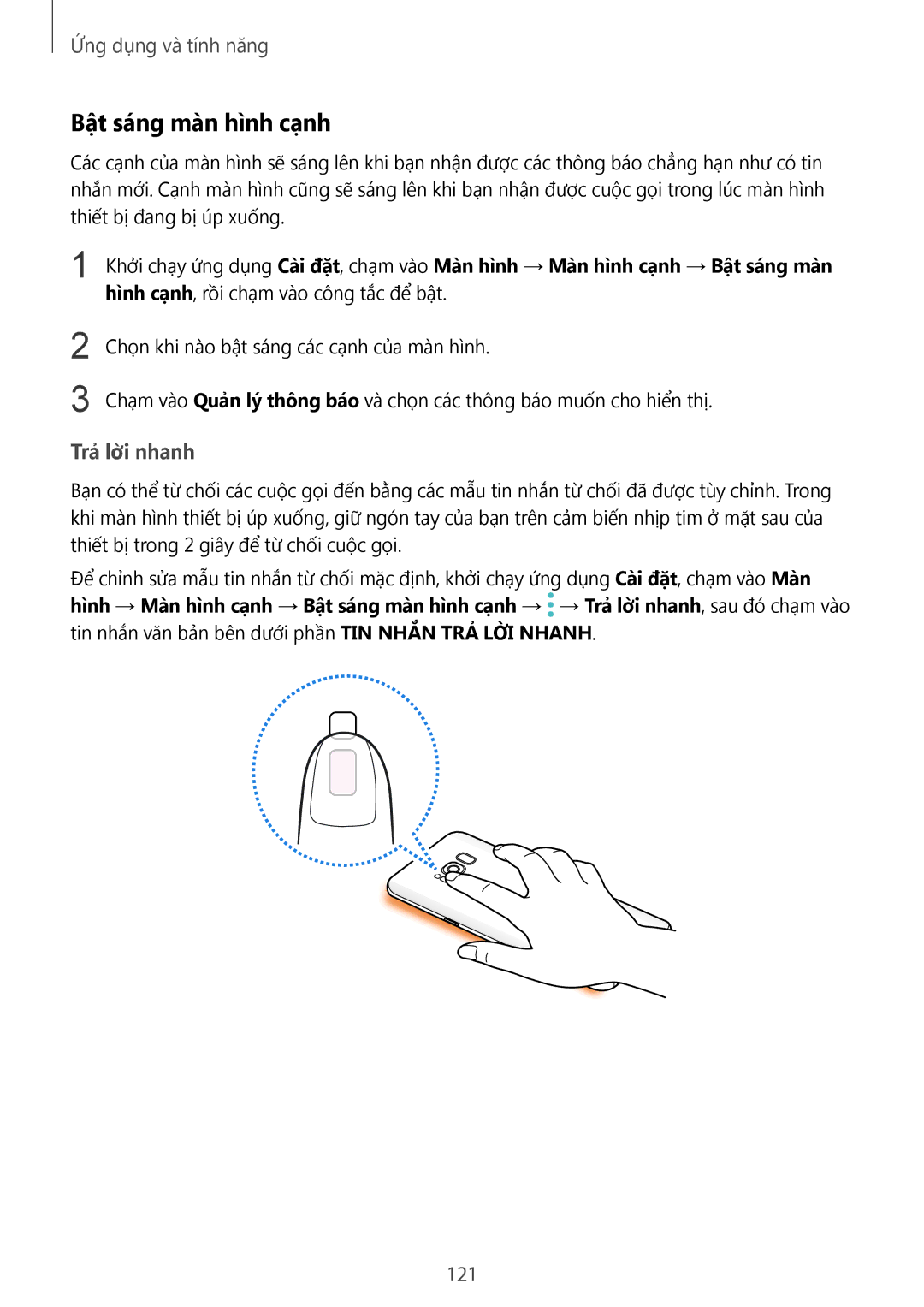 Samsung SM-G955FZBDXXV, SM-G950FZBDXXV, SM-G950FZKDXXV, SM-G955FZKDXXV manual Bật sáng màn hình cạnh, Trả lời nhanh, 121 