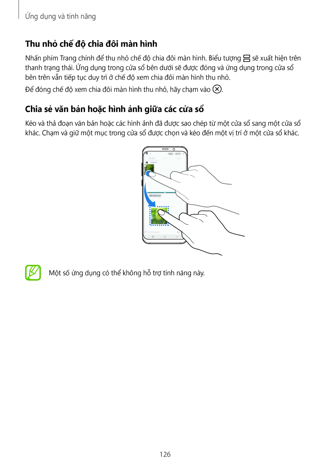 Samsung SM-G950FZBDXXV manual Thu nhỏ chế độ chia đôi màn hình, Chia sẻ văn bản hoặc hình ảnh giữa các cửa sổ, 126 