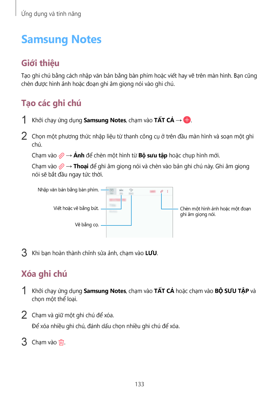 Samsung SM-G950FZBDXXV, SM-G950FZKDXXV, SM-G955FZBDXXV, SM-G955FZKDXXV manual Samsung Notes, Tạo các ghi chú, Xóa ghi chú, 133 