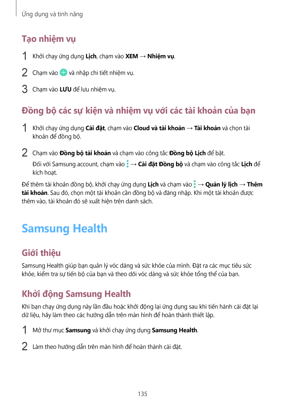 Samsung SM-G955FZBDXXV manual Samsung Health, Tạo nhiệm vụ, Đồng bộ các sự kiện và nhiệm vụ với các tài khoản của bạn, 135 