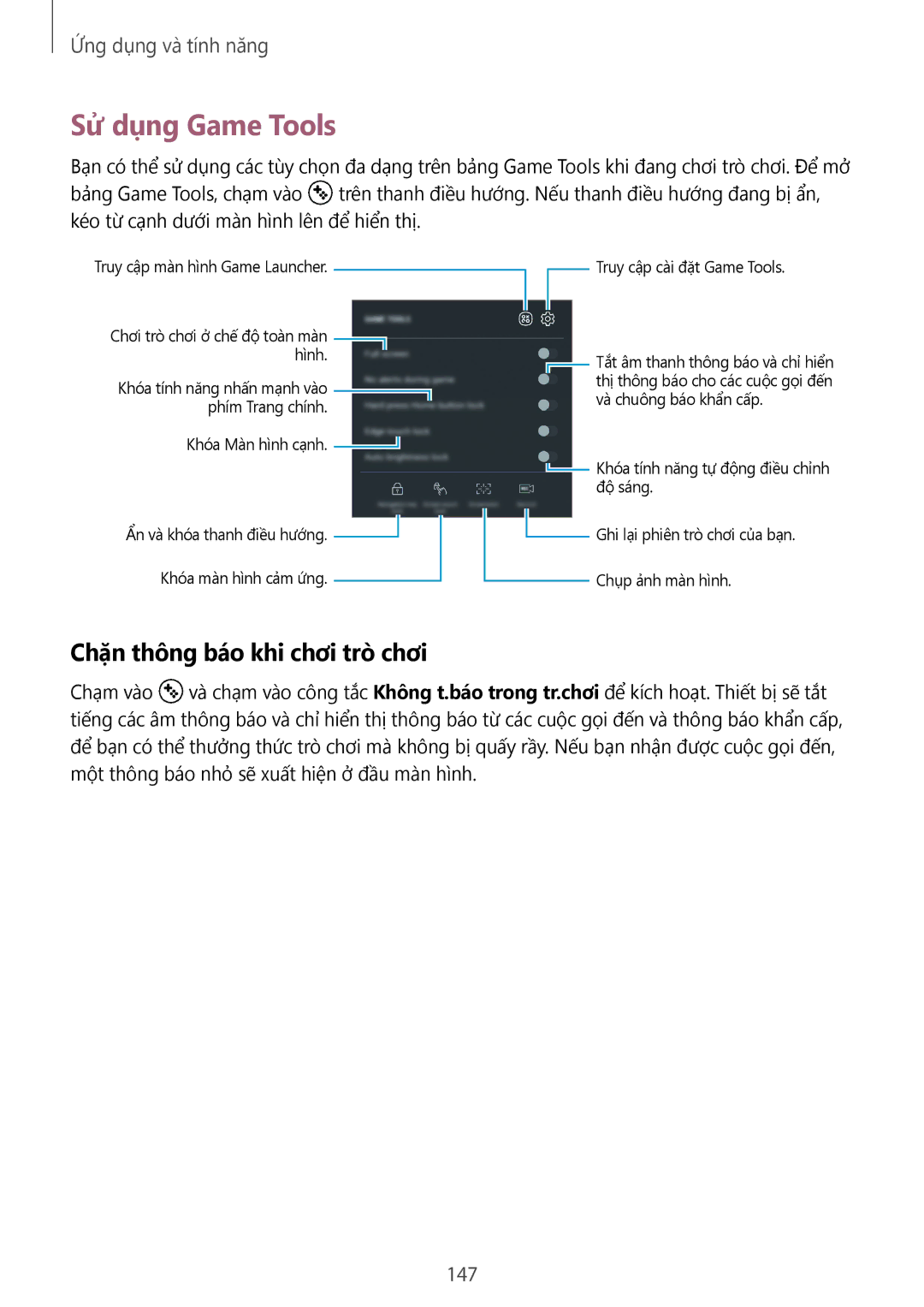 Samsung SM-G950FZBDXXV, SM-G950FZKDXXV, SM-G955FZBDXXV manual Sử dụng Game Tools, Chặn thông báo khi chơi trò chơi, 147 