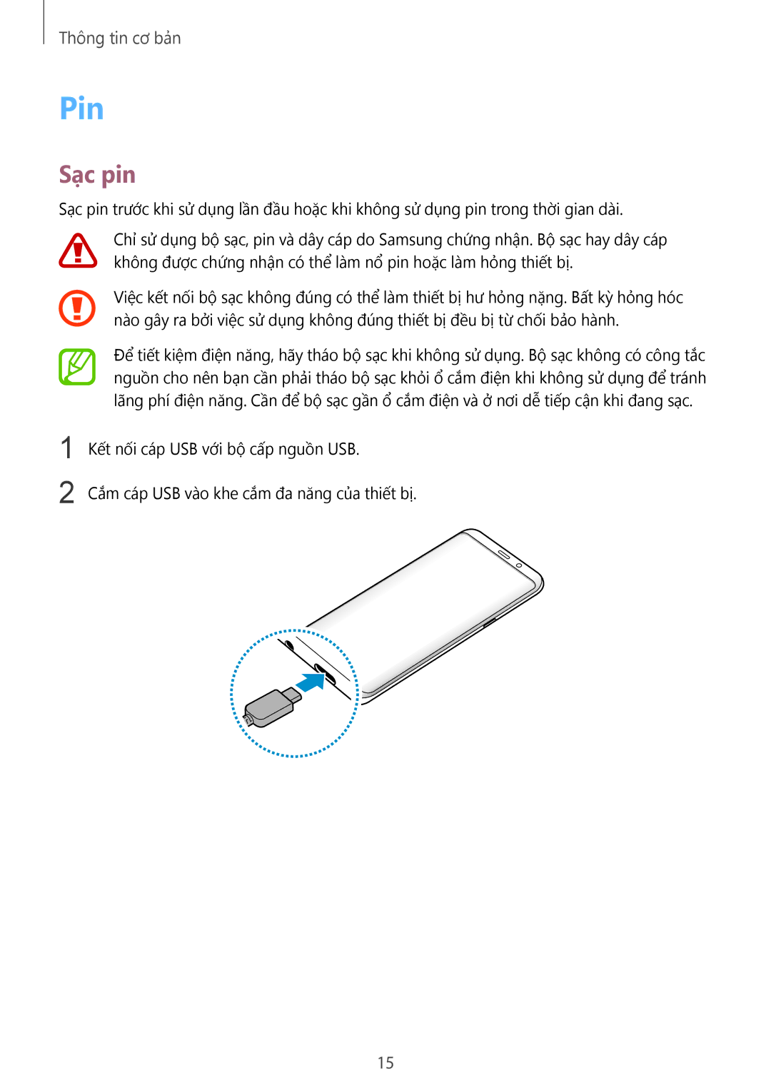 Samsung SM-G950FZKDXXV, SM-G950FZBDXXV, SM-G955FZBDXXV, SM-G955FZKDXXV, SM-G950FZDDXXV, SM-G955FZDDXXV manual Pin, Sạc pin 