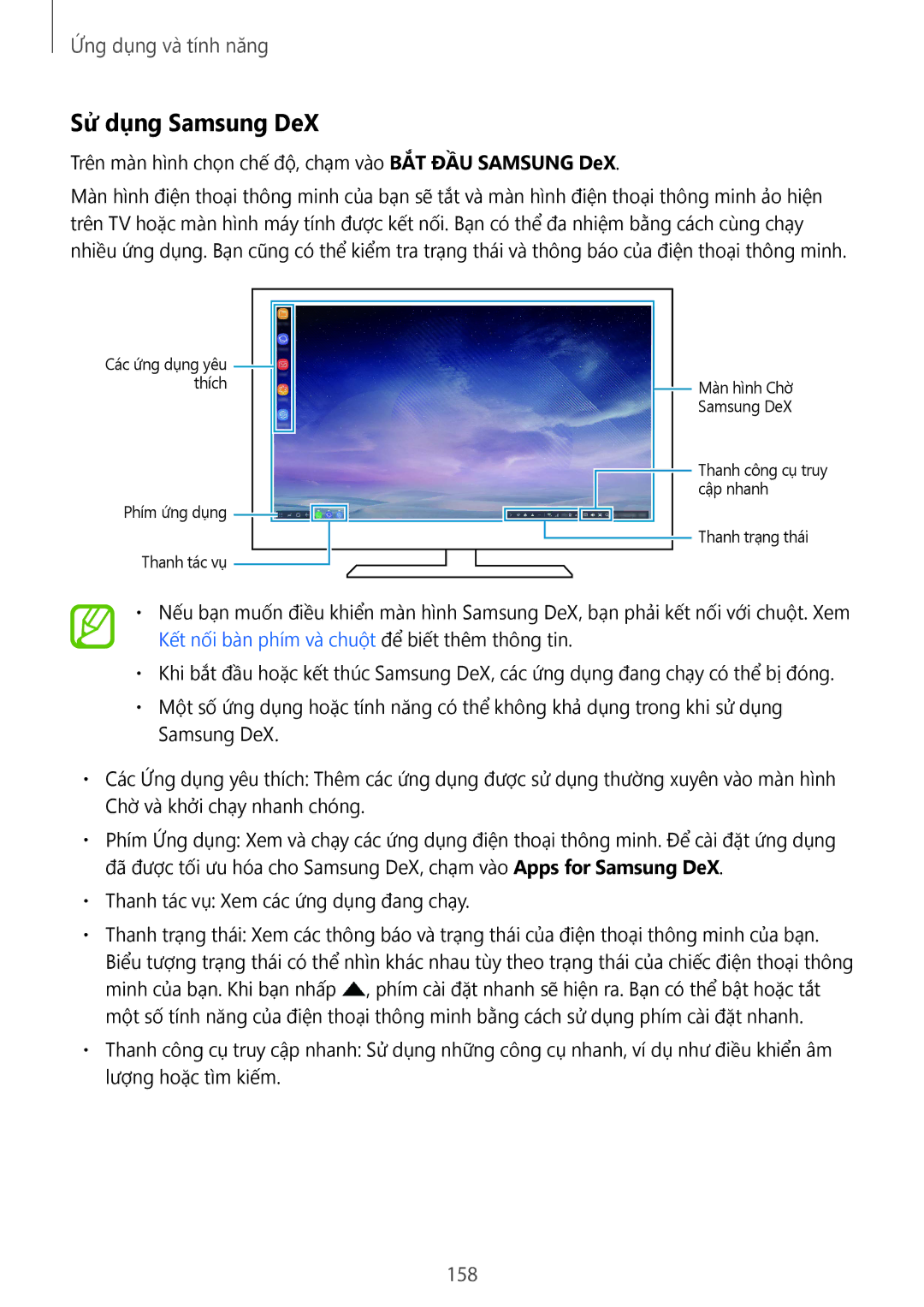 Samsung SM-G950FZDDXXV, SM-G950FZBDXXV, SM-G950FZKDXXV, SM-G955FZBDXXV, SM-G955FZKDXXV manual Sử dụng Samsung DeX, 158 