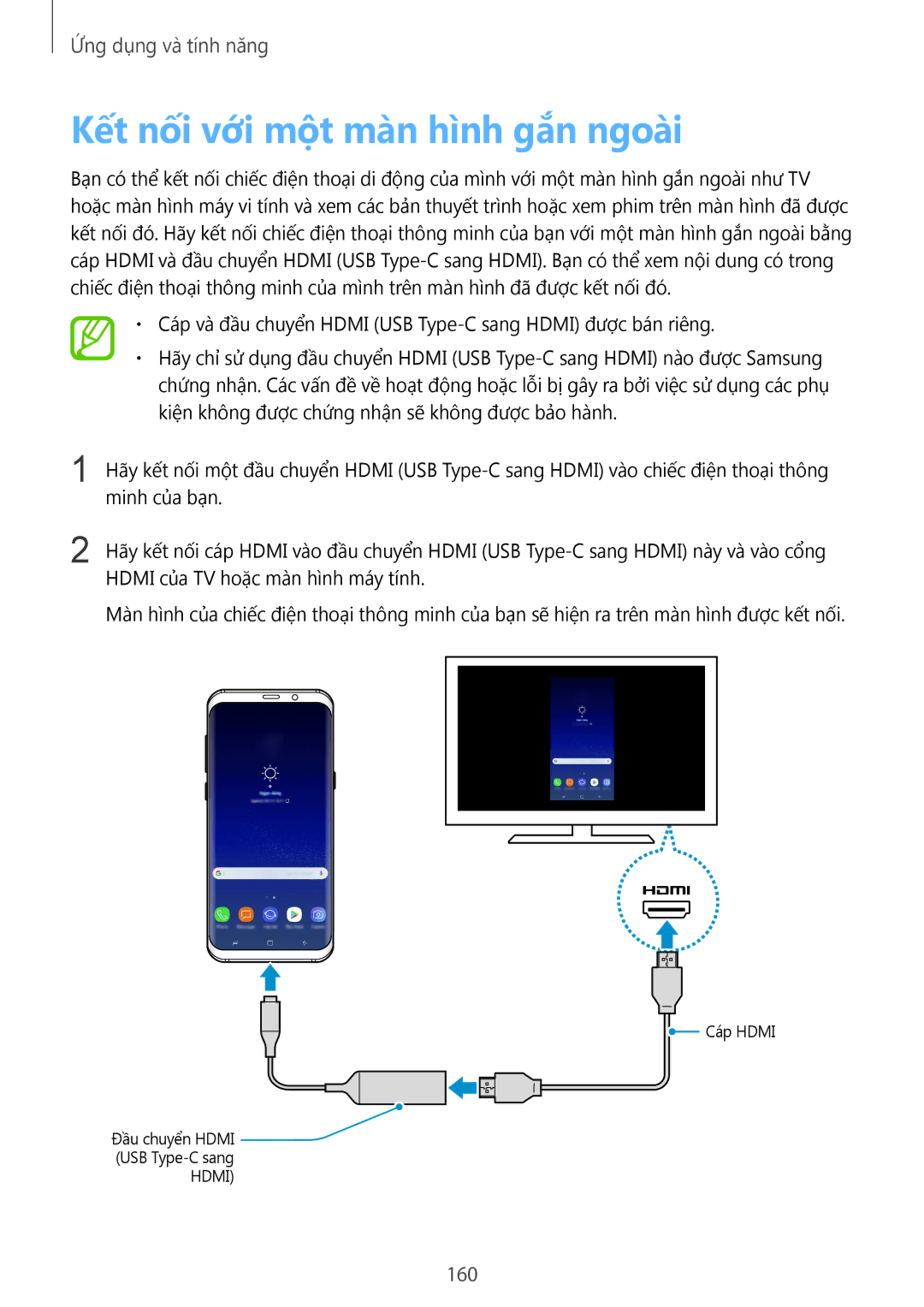 Samsung SM-G955FZVDXXV, SM-G950FZBDXXV, SM-G950FZKDXXV, SM-G955FZBDXXV manual Kết nối với một màn hình gắn ngoài, 160 