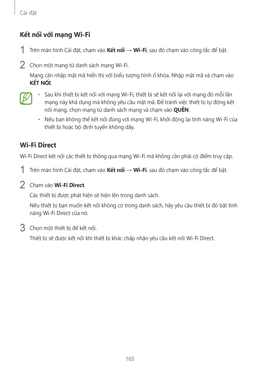 Samsung SM-G950FZDDXXV, SM-G950FZBDXXV, SM-G950FZKDXXV manual Kết nối với mạng Wi-Fi, 165, Chạm vào Wi-Fi Direct 