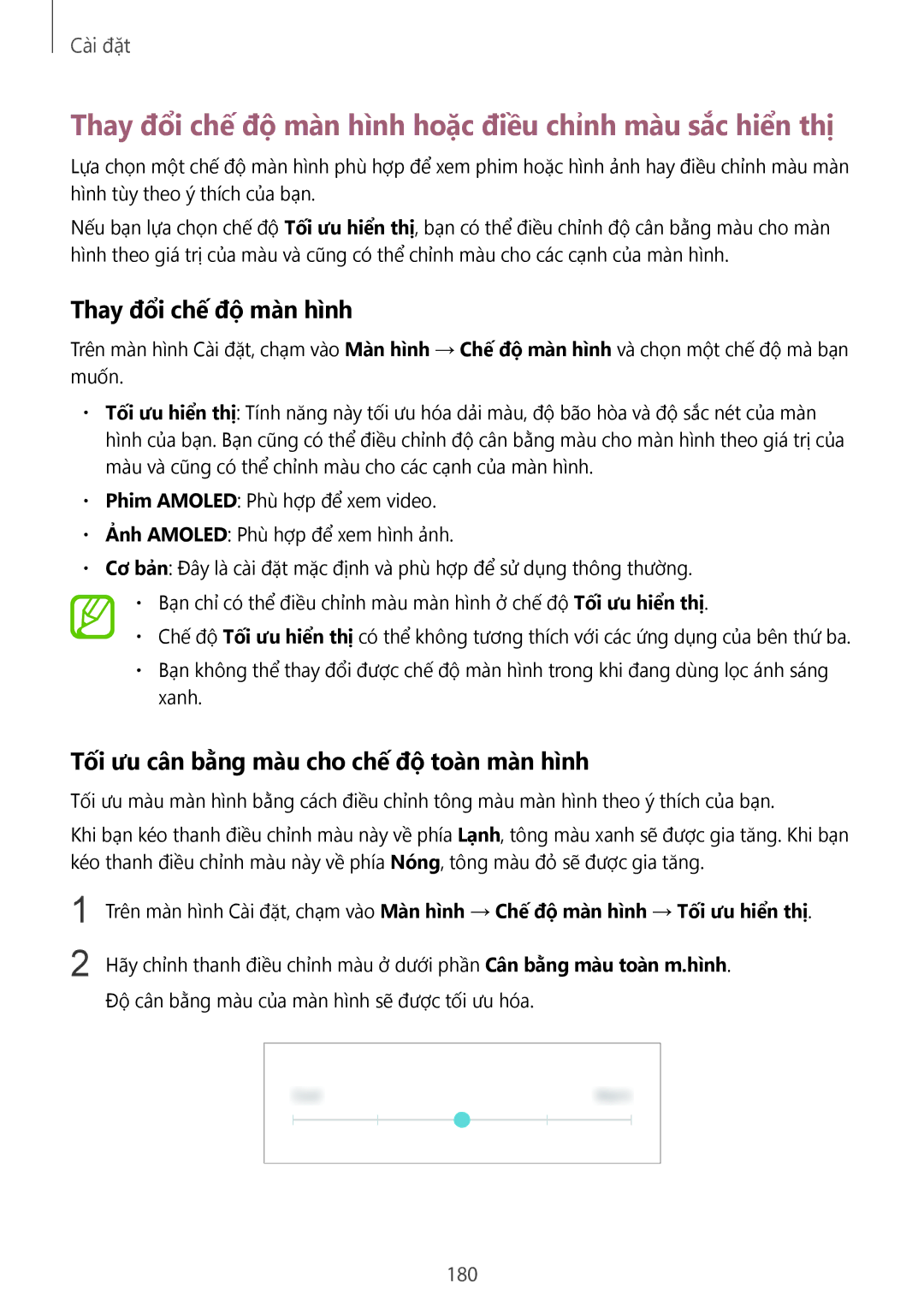 Samsung SM-G955FZDDXXV, SM-G950FZBDXXV, SM-G950FZKDXXV manual Thay đổi chế độ màn hình hoặc điều chỉnh màu sắc hiển thị, 180 