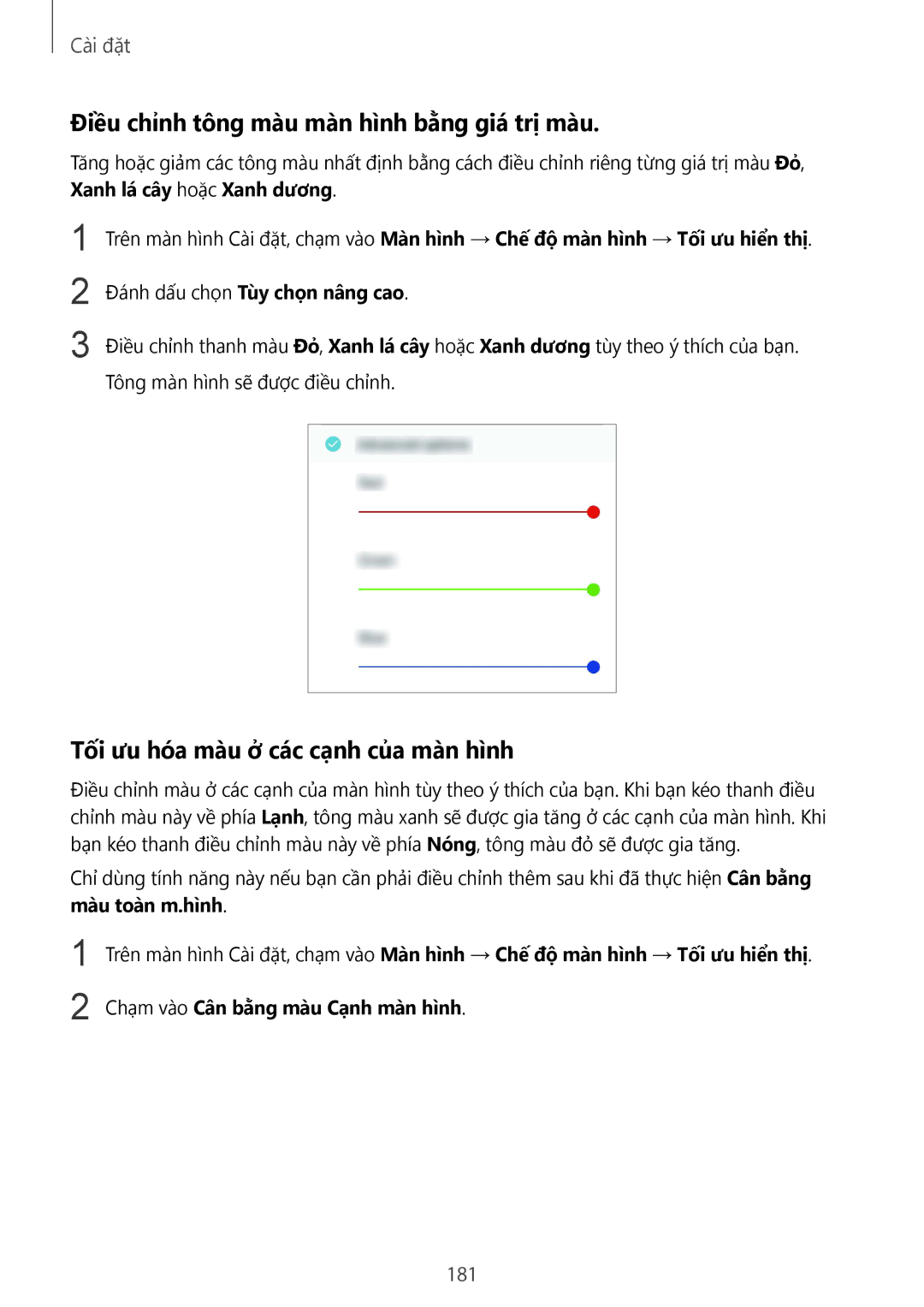 Samsung SM-G955FZVDXXV manual Điều chỉnh tông màu màn hình bằng giá trị màu, Tối ưu hóa màu ở các cạnh của màn hình, 181 