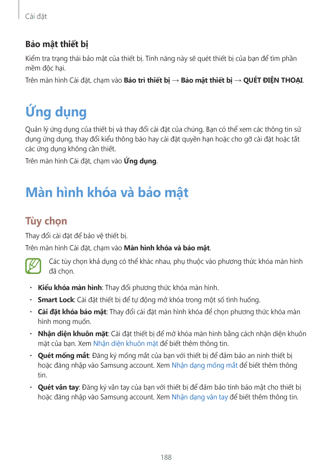 Samsung SM-G955FZVDXXV, SM-G950FZBDXXV, SM-G950FZKDXXV manual Ứng dụng, Màn hình khóa và bảo mật, Bảo mật thiết bị, 188 