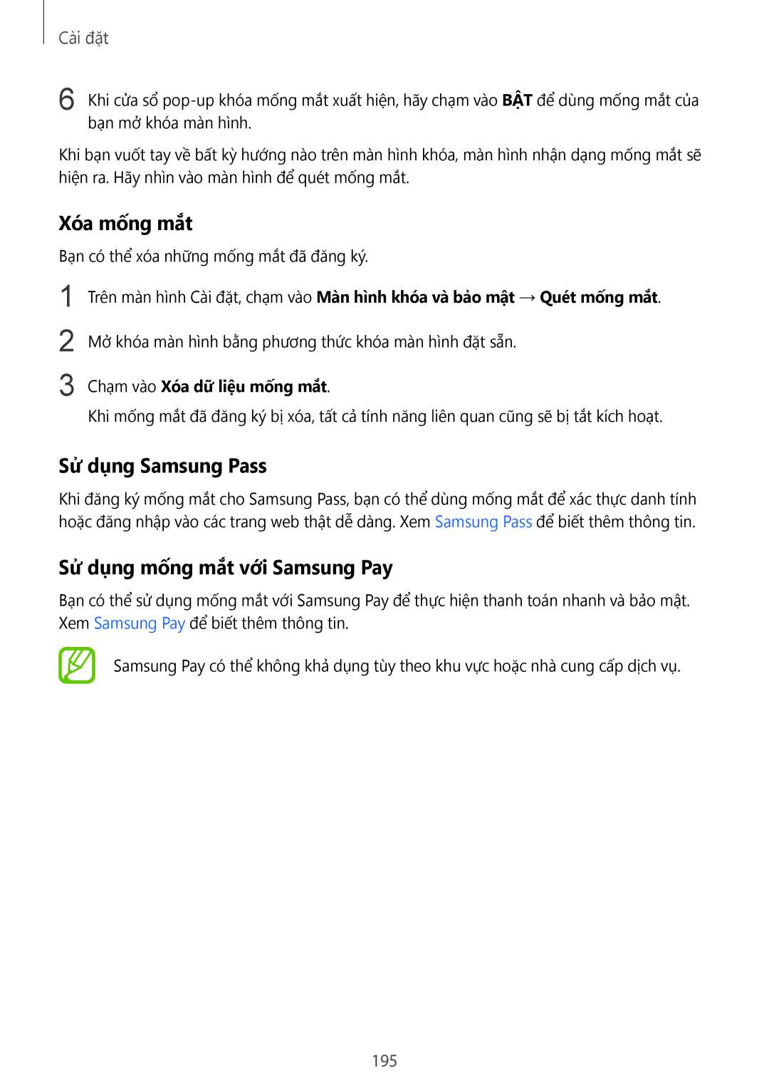 Samsung SM-G955FZVDXXV, SM-G950FZBDXXV manual Xóa mống mắt, Sử dụng Samsung Pass, Sử dụng mống mắt với Samsung Pay, 195 