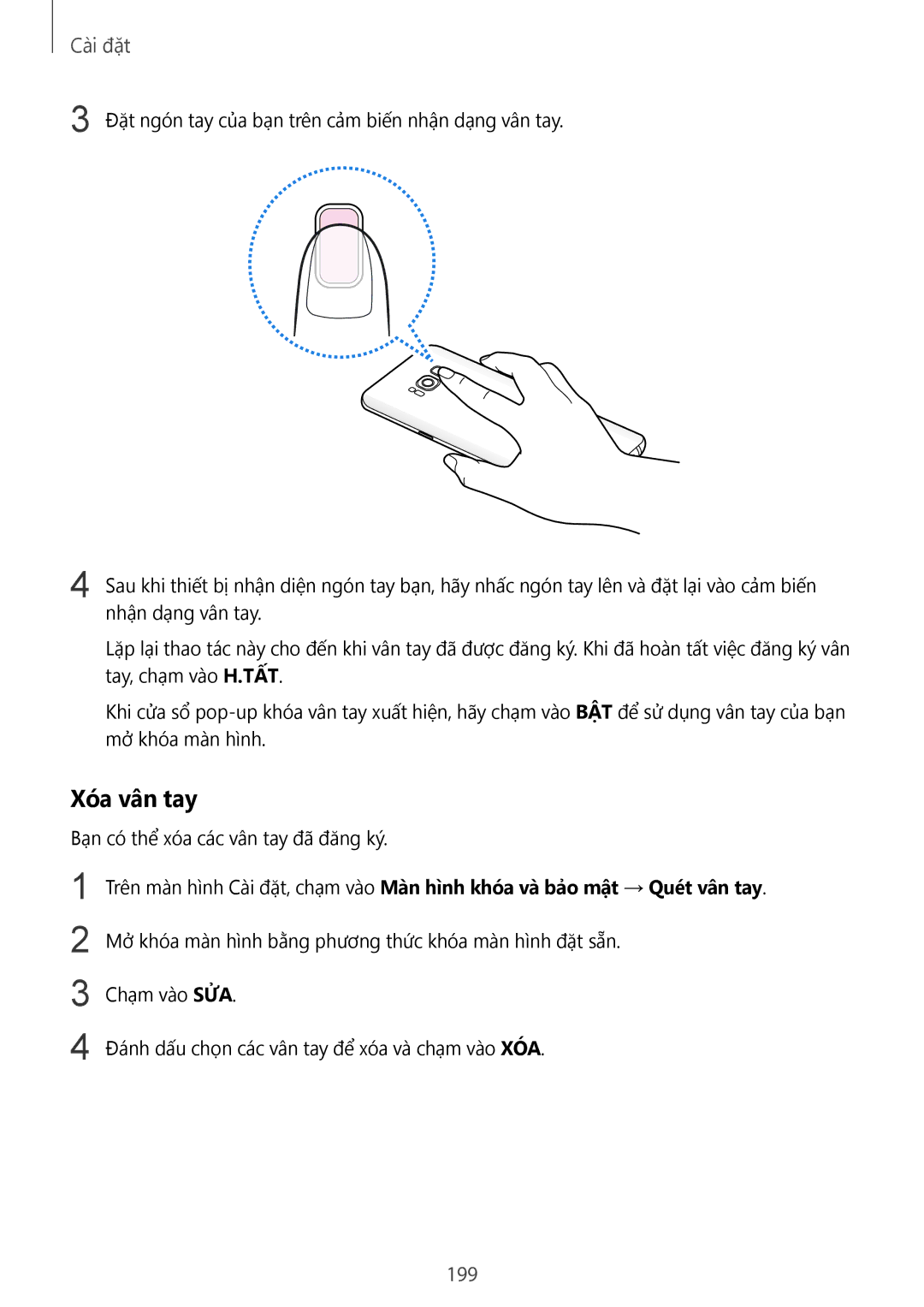 Samsung SM-G955FZKDXXV, SM-G950FZBDXXV, SM-G950FZKDXXV, SM-G955FZBDXXV, SM-G950FZDDXXV, SM-G955FZDDXXV manual Xóa vân tay, 199 