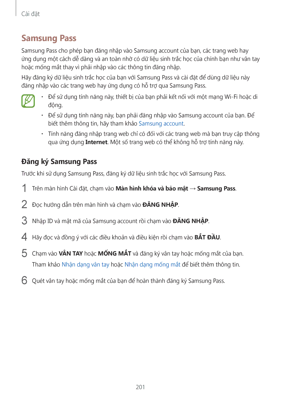 Samsung SM-G955FZDDXXV, SM-G950FZBDXXV, SM-G950FZKDXXV, SM-G955FZBDXXV, SM-G955FZKDXXV manual Đăng ký Samsung Pass, 201 