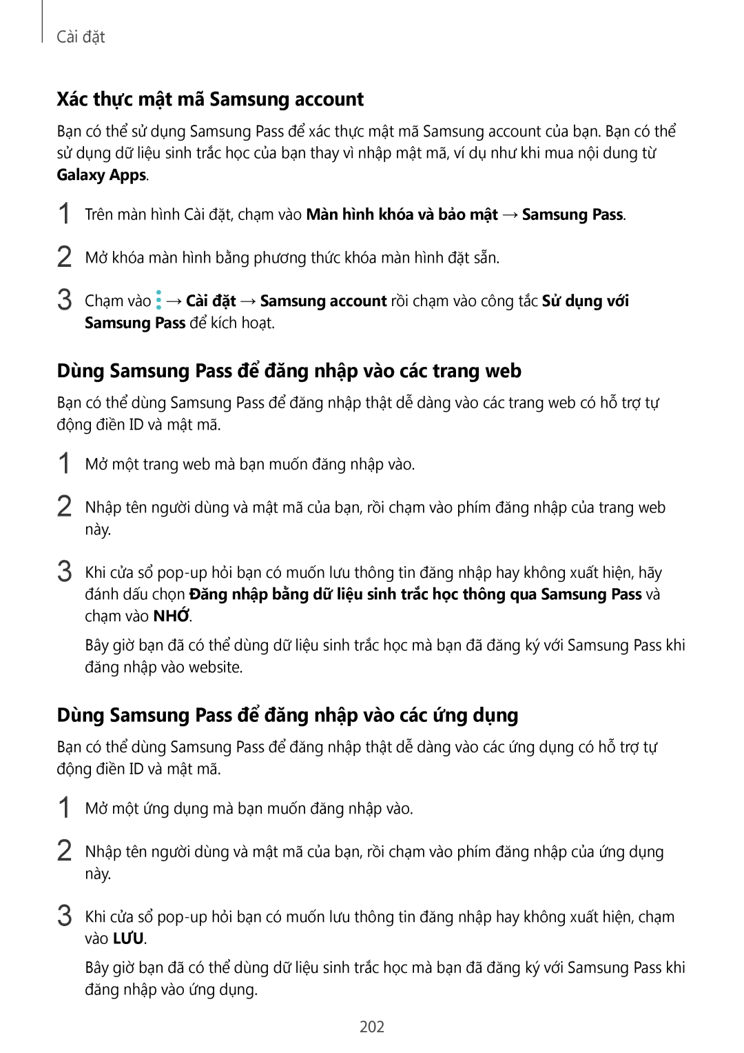 Samsung SM-G955FZVDXXV manual Xác thực mật mã Samsung account, Dùng Samsung Pass để đăng nhập vào các trang web, 202 