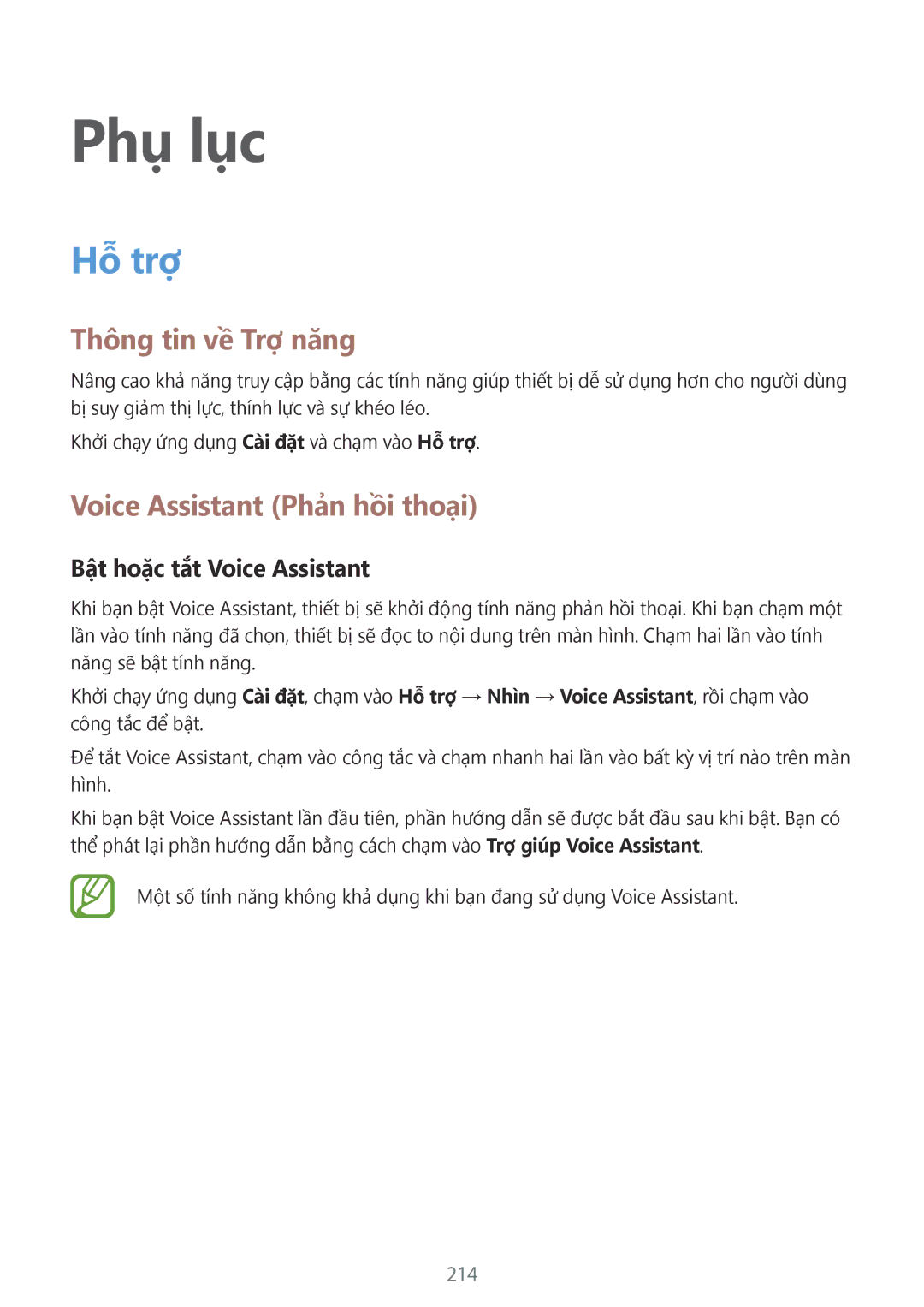 Samsung SM-G950FZDDXXV manual Thông tin về Trợ năng, Voice Assistant Phản hồi thoại, Bật hoặc tắt Voice Assistant, 214 